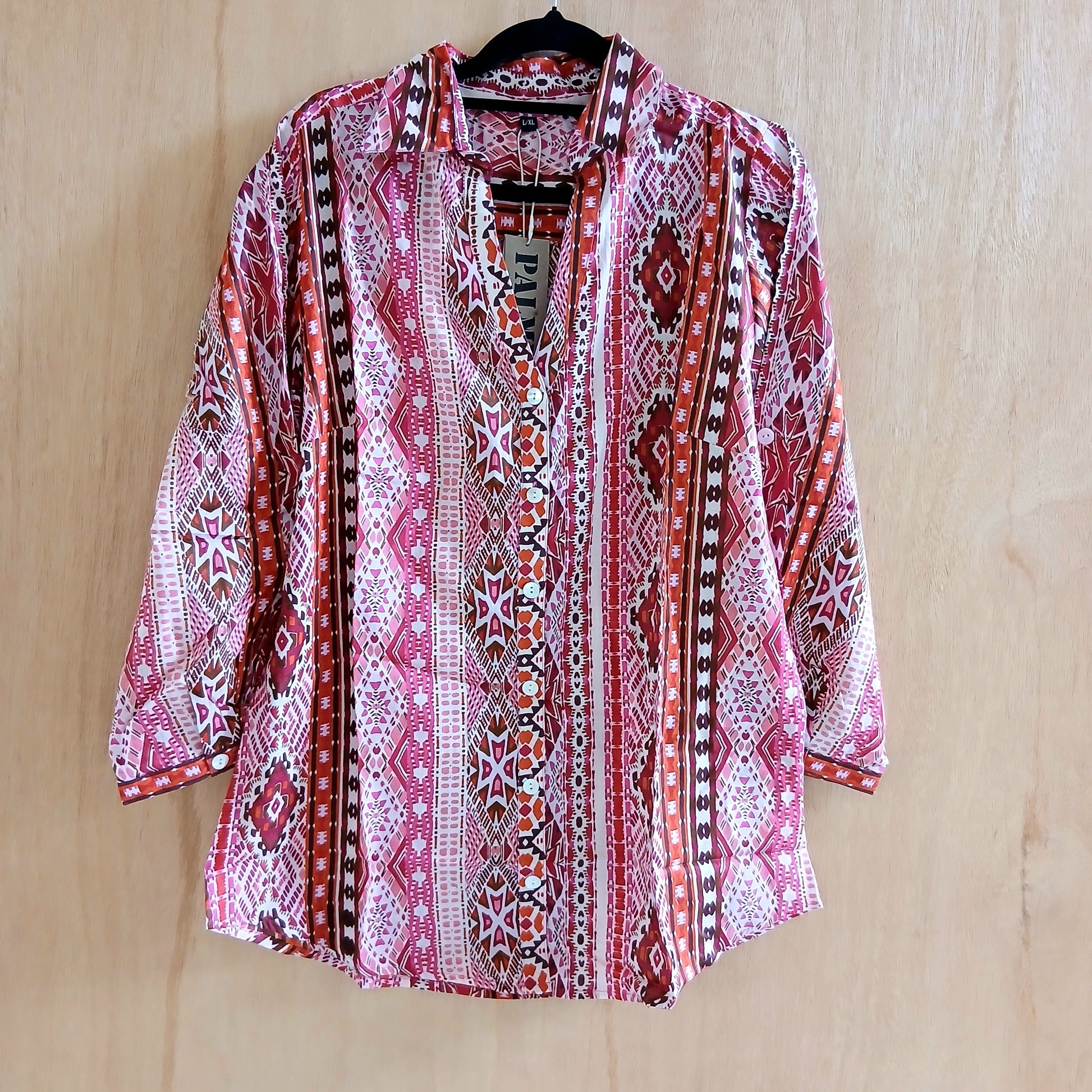 Palme V Neck+3/4 Sleeves Cotton Shirt - Rose Fonce 65943