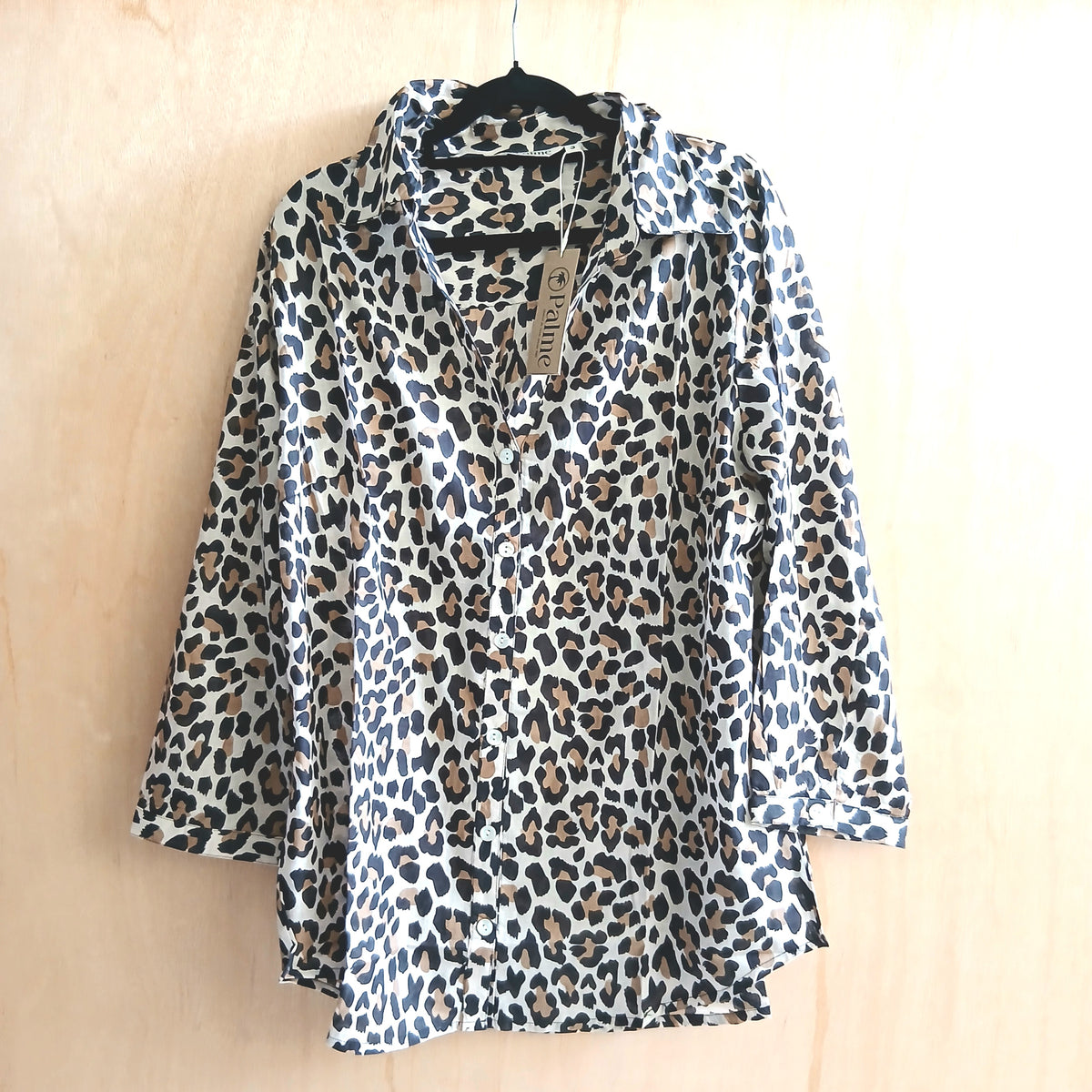 V-Neck+3/4 Sleeves Cotton Shirt Leopard 67141