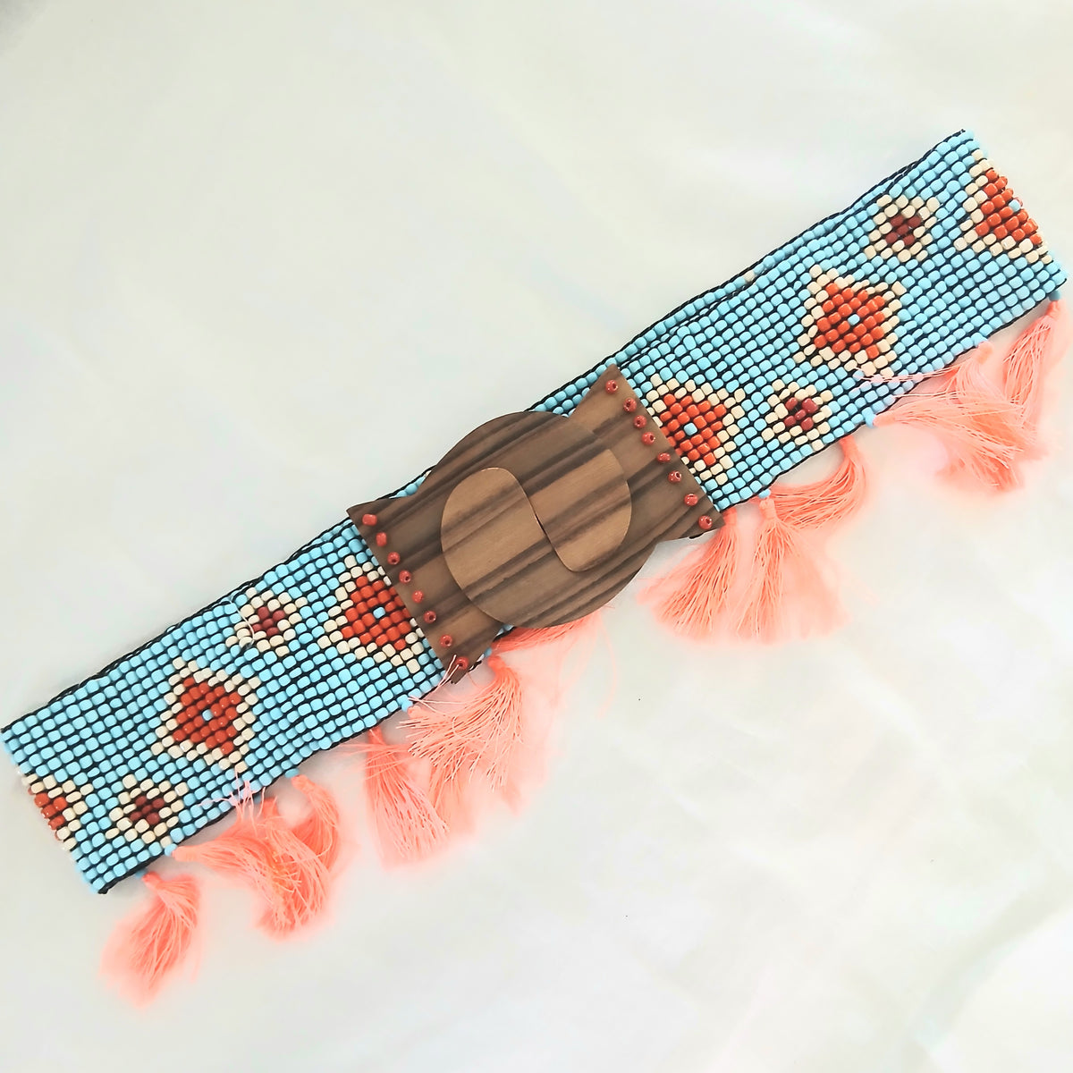 Elastic Beaded Belt with Pompoms - Bleu Clair 53948