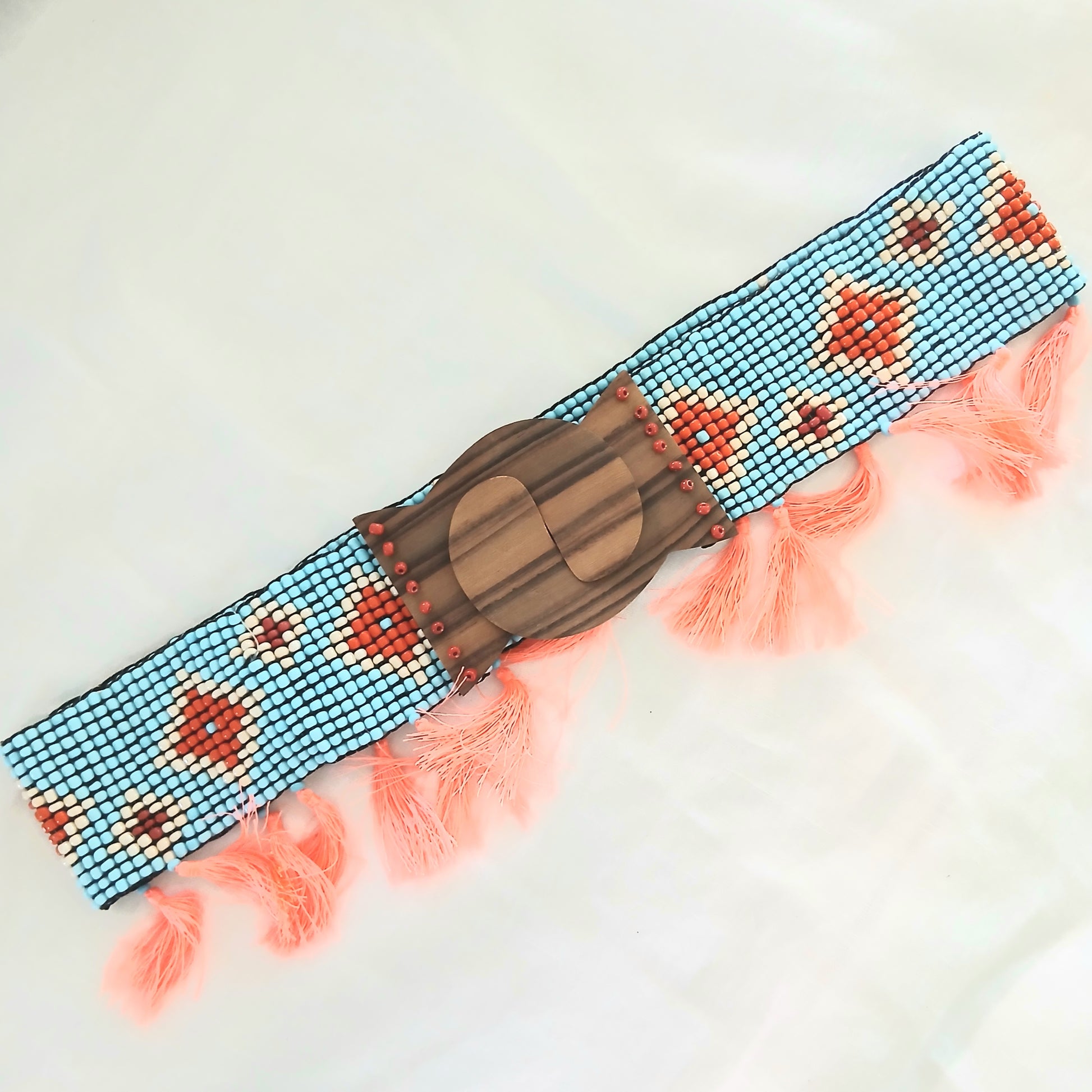 Elastic Beaded Belt with Pompoms - Bleu Clair 53948