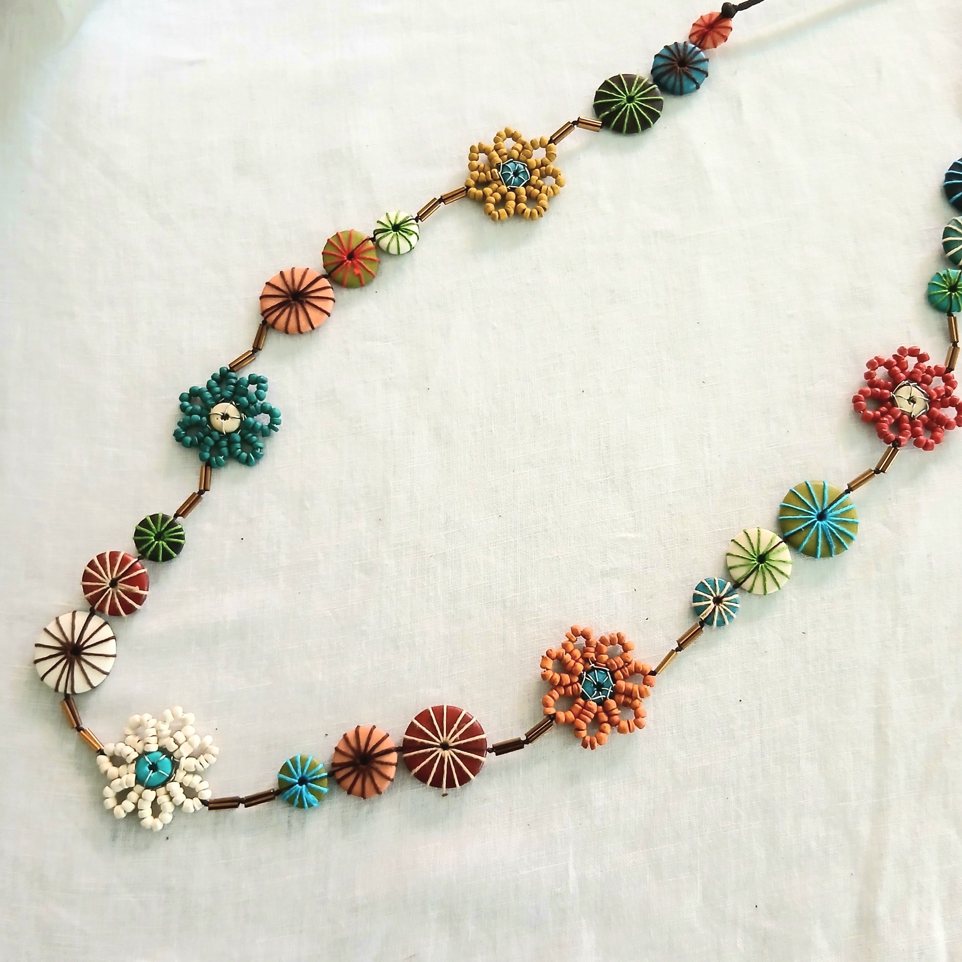 Floral and Embroidered Wooden Beaded Necklace N6-50