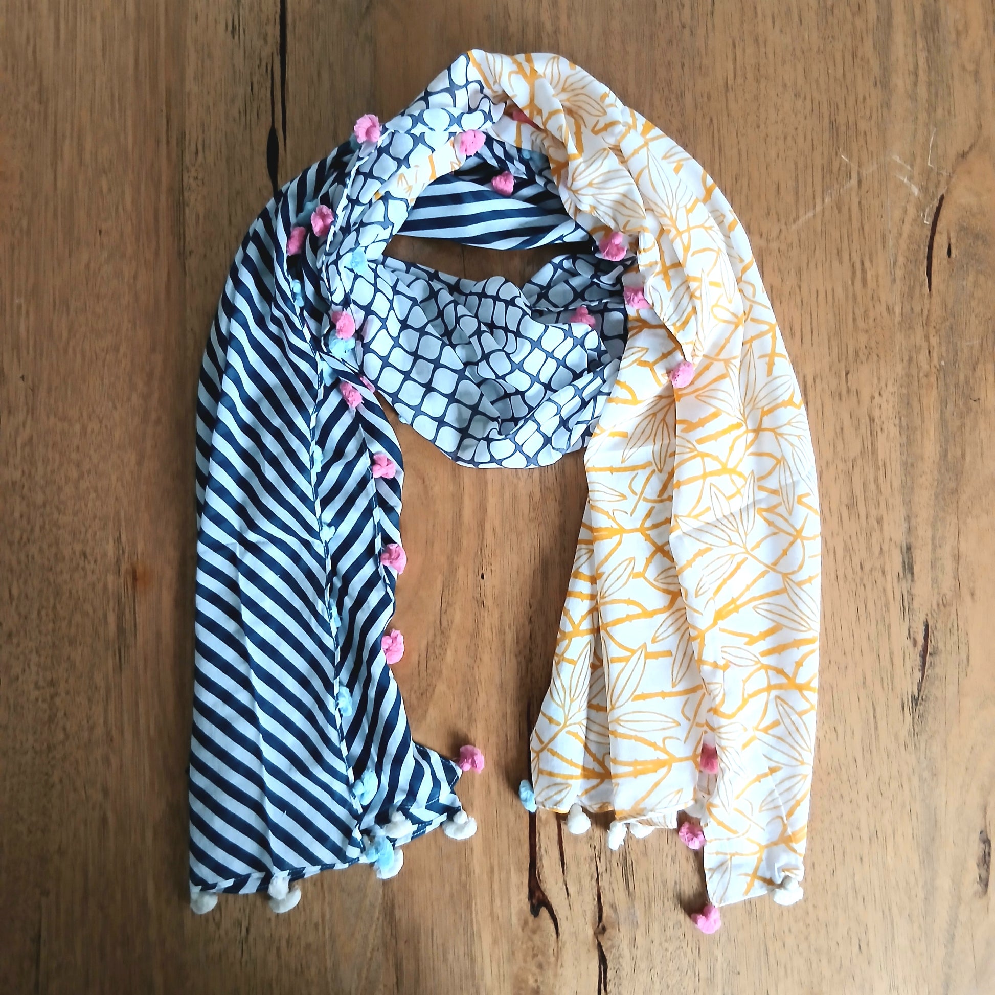 Multi Patterned Cotton Scarf with Pom-Poms Yash-303