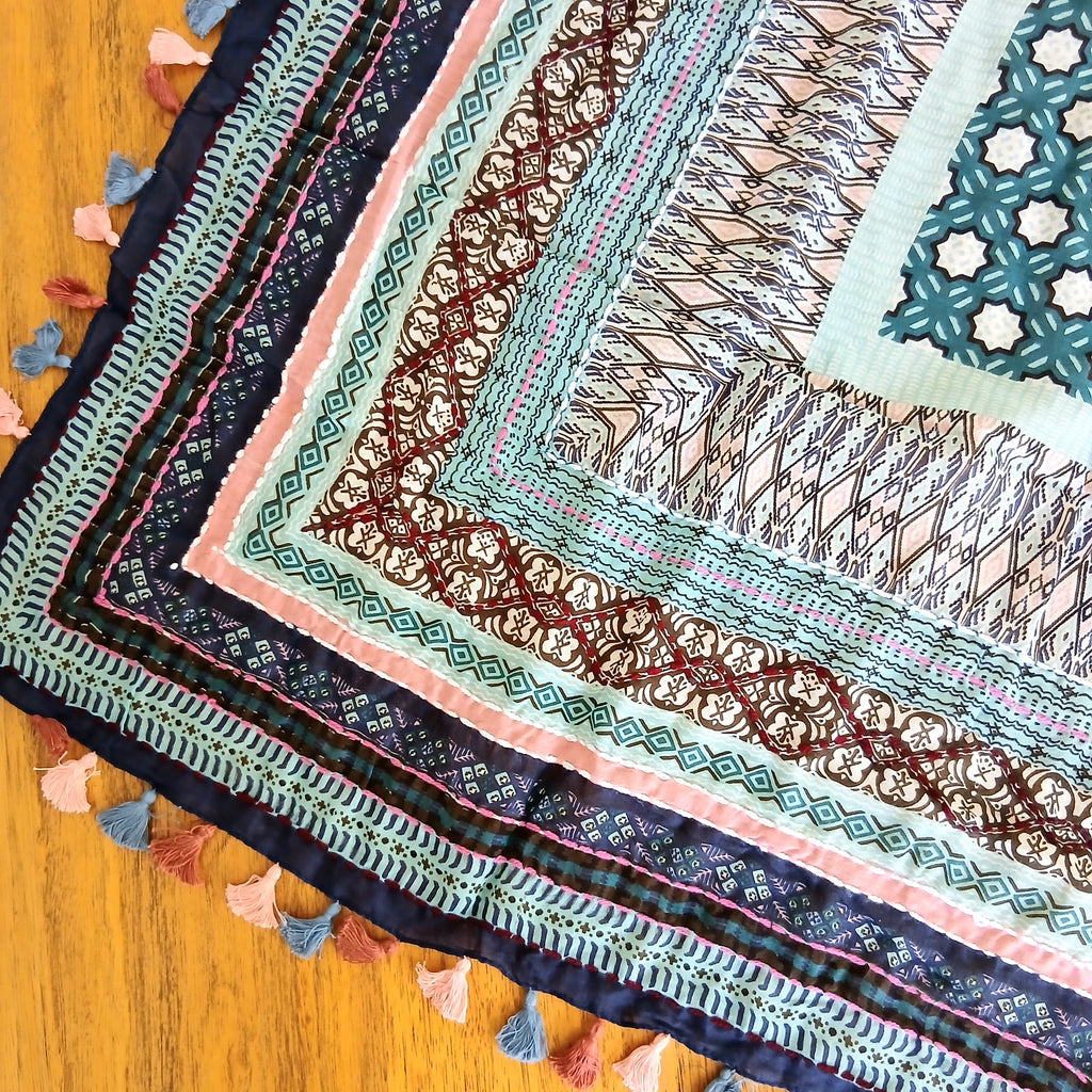 Cotton Square Embroidered Scarf with Pompom 46209