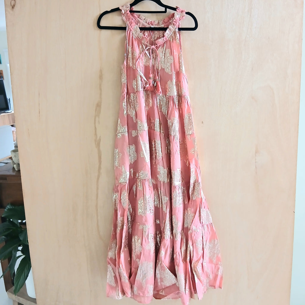 Long Cotton Pleated Collar Dress - Gold and Peach 64590