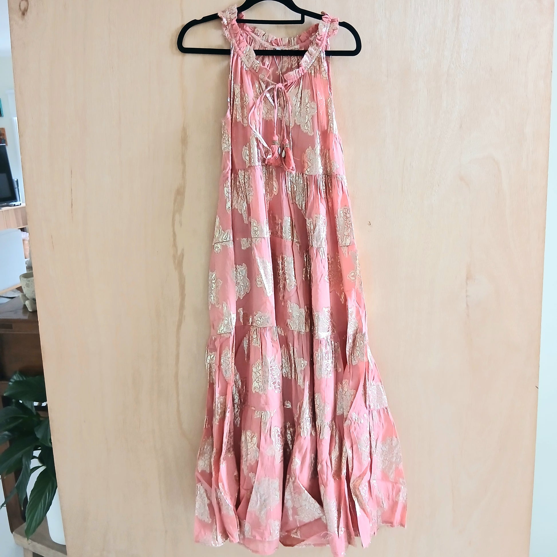 Long Cotton Pleated Collar Dress - Gold and Peach 64590