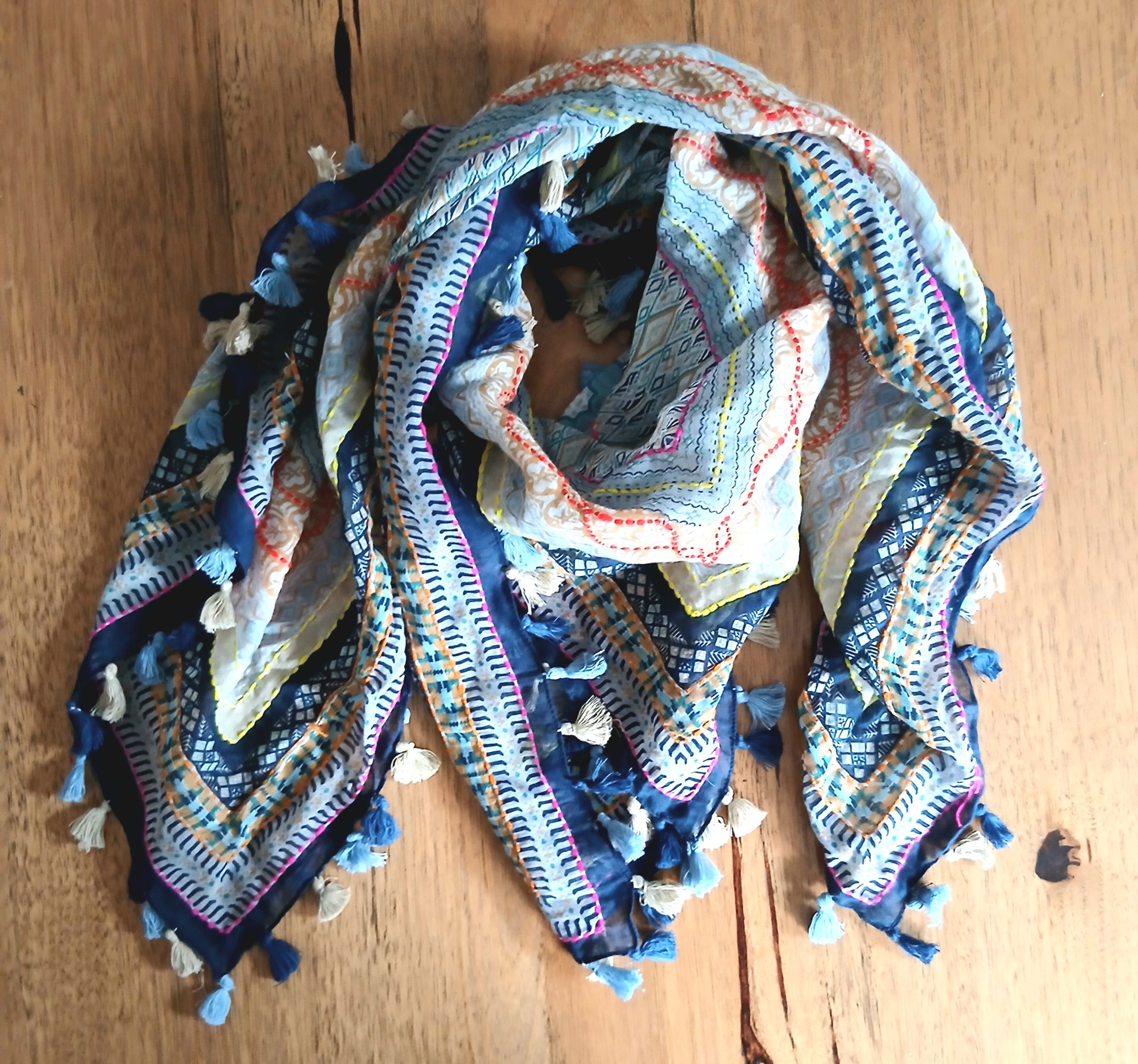 PRE-ORDER Cotton Square Embroidered Scarf with Pompom 46209