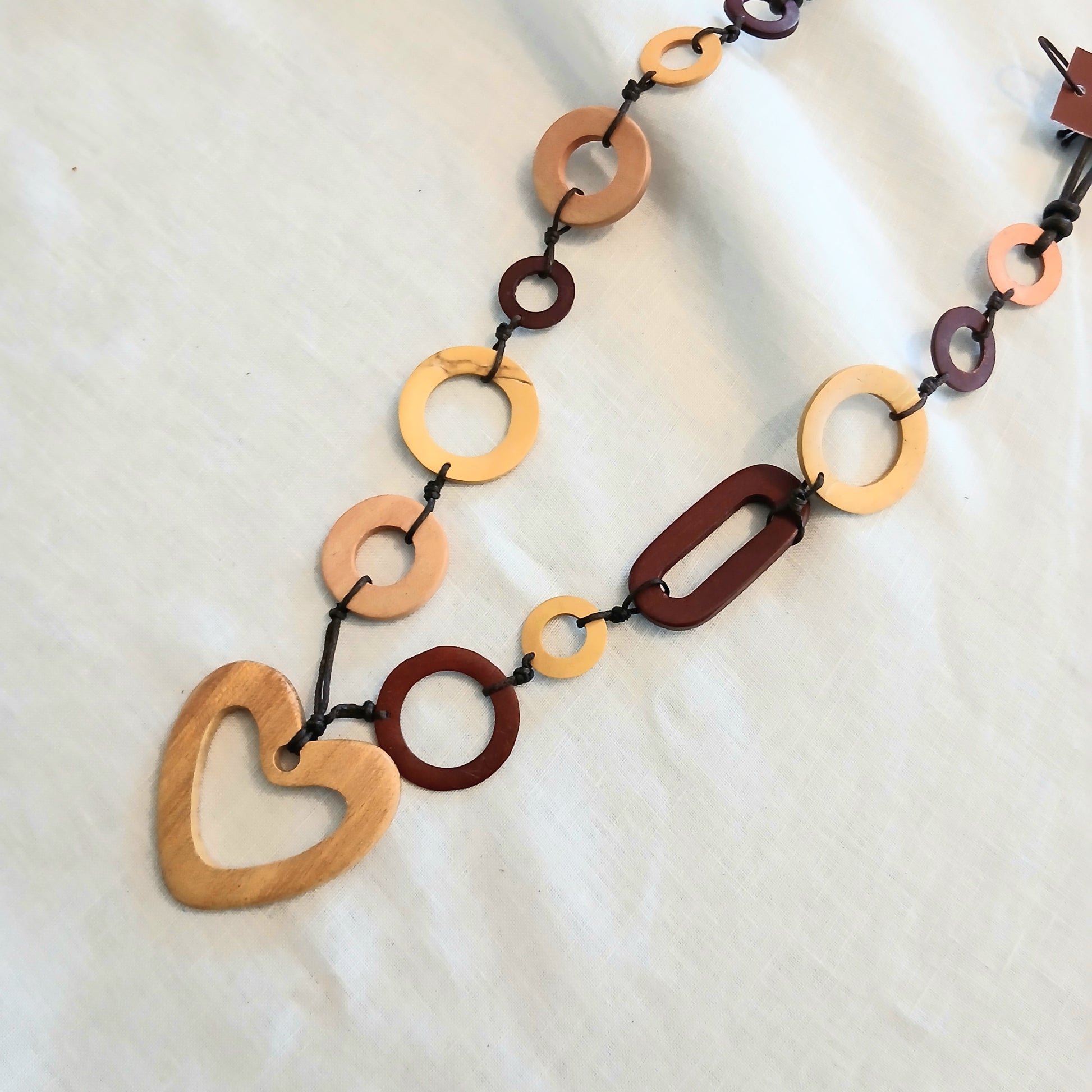 Long Heart Pendant and Wooden Shaped Beads Necklace N6-5935