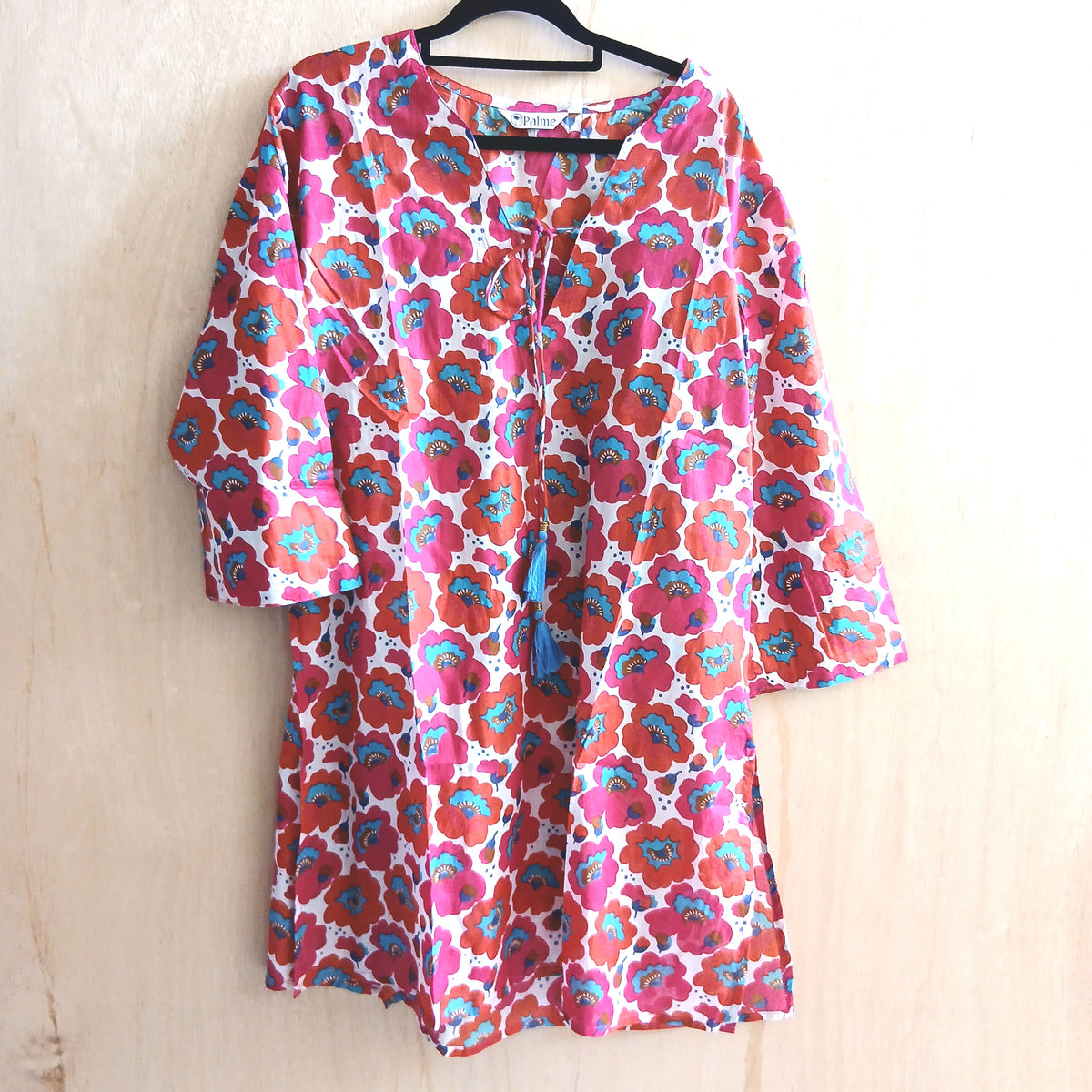 V-Neck Cotton Tunic with String 67145 Pink and Turquoise Poppy