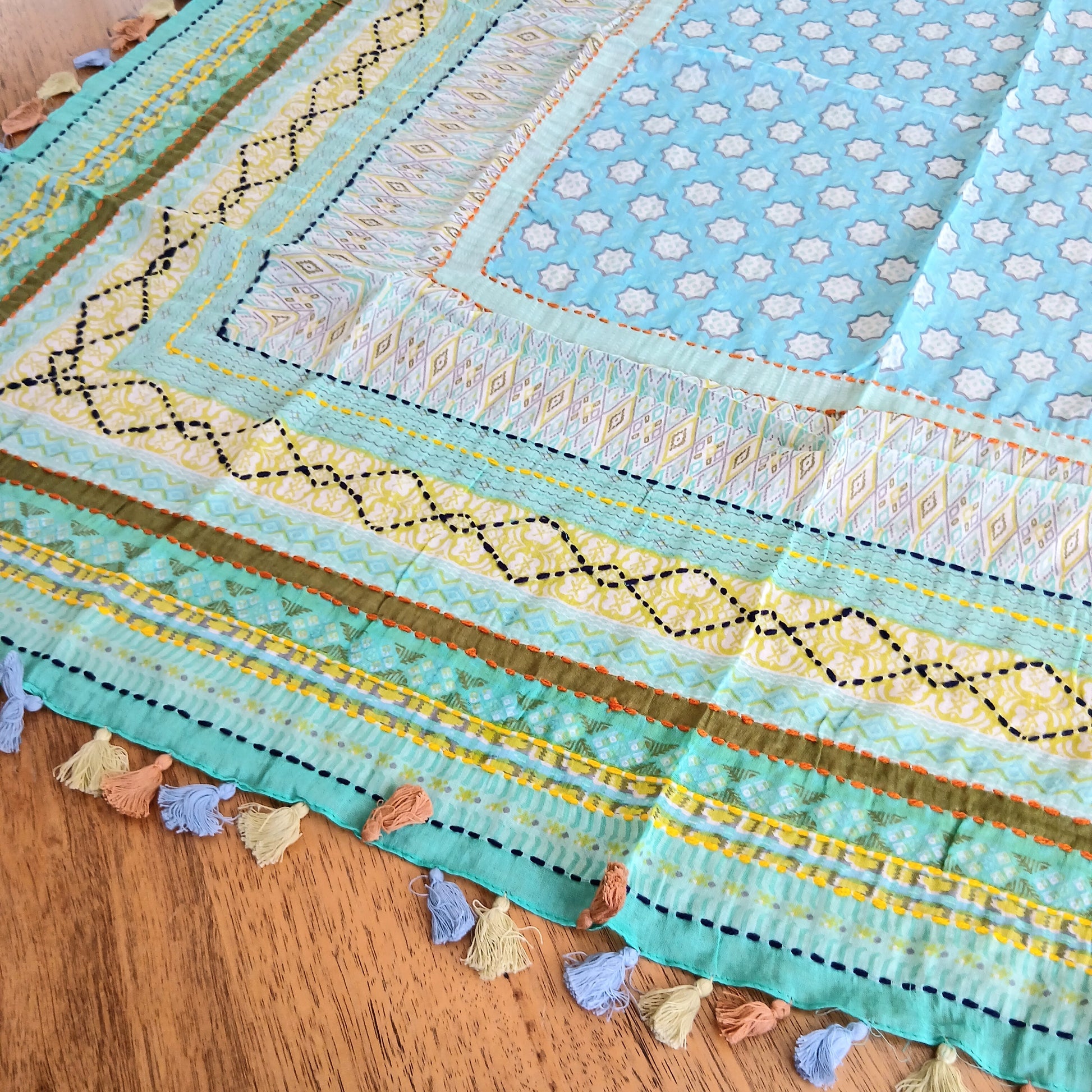 Cotton Square Embroidered Scarf with Pompom 46209