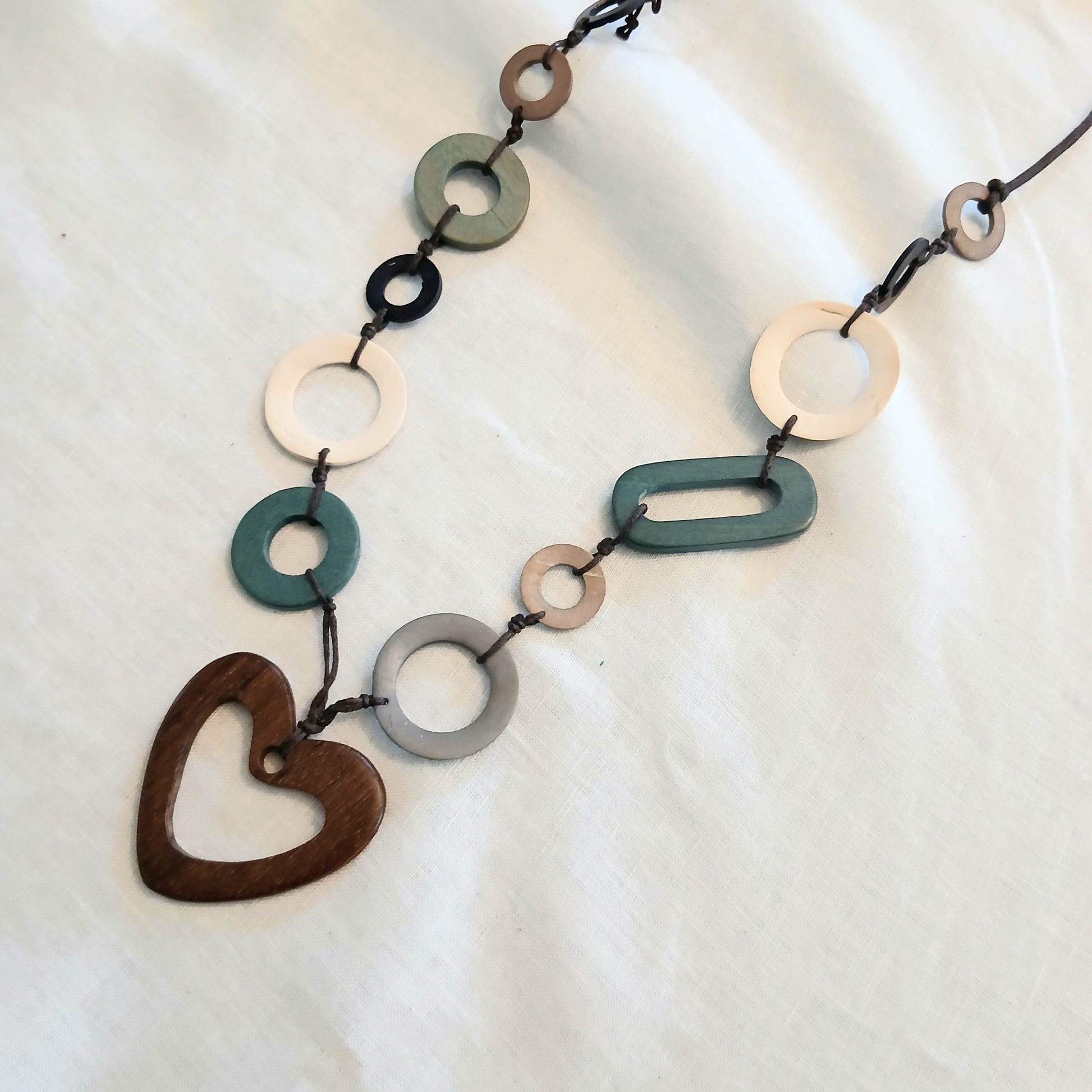 Long Heart Pendant and Wooden Shaped Beads Necklace N6-5935