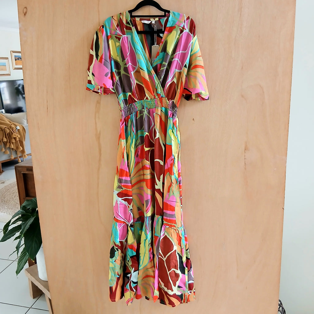 Palme Long Viscose V-Neck Dress with Frill - Multi Clair 65852