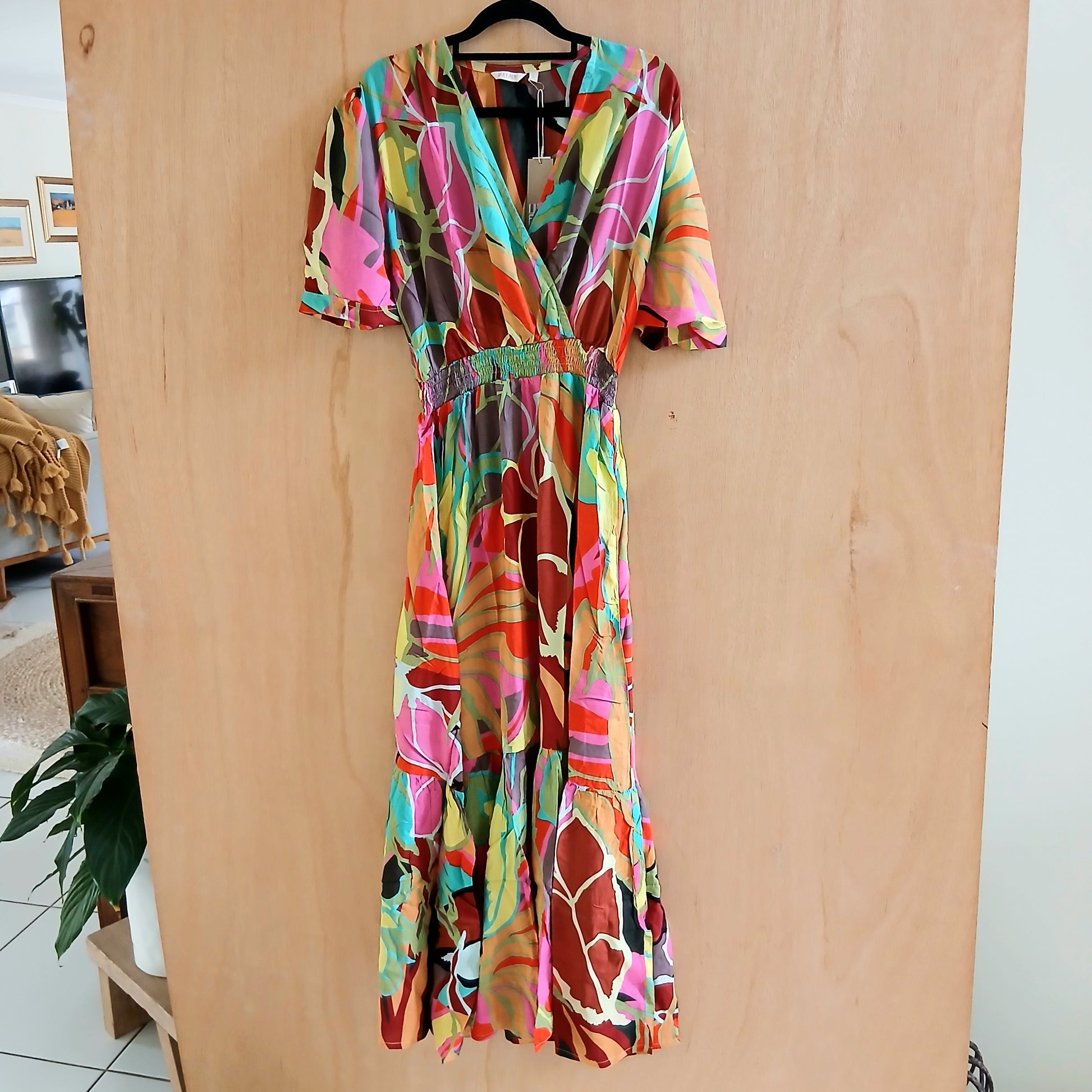 Palme Long Viscose V-Neck Dress with Frill - Multi Clair 65852