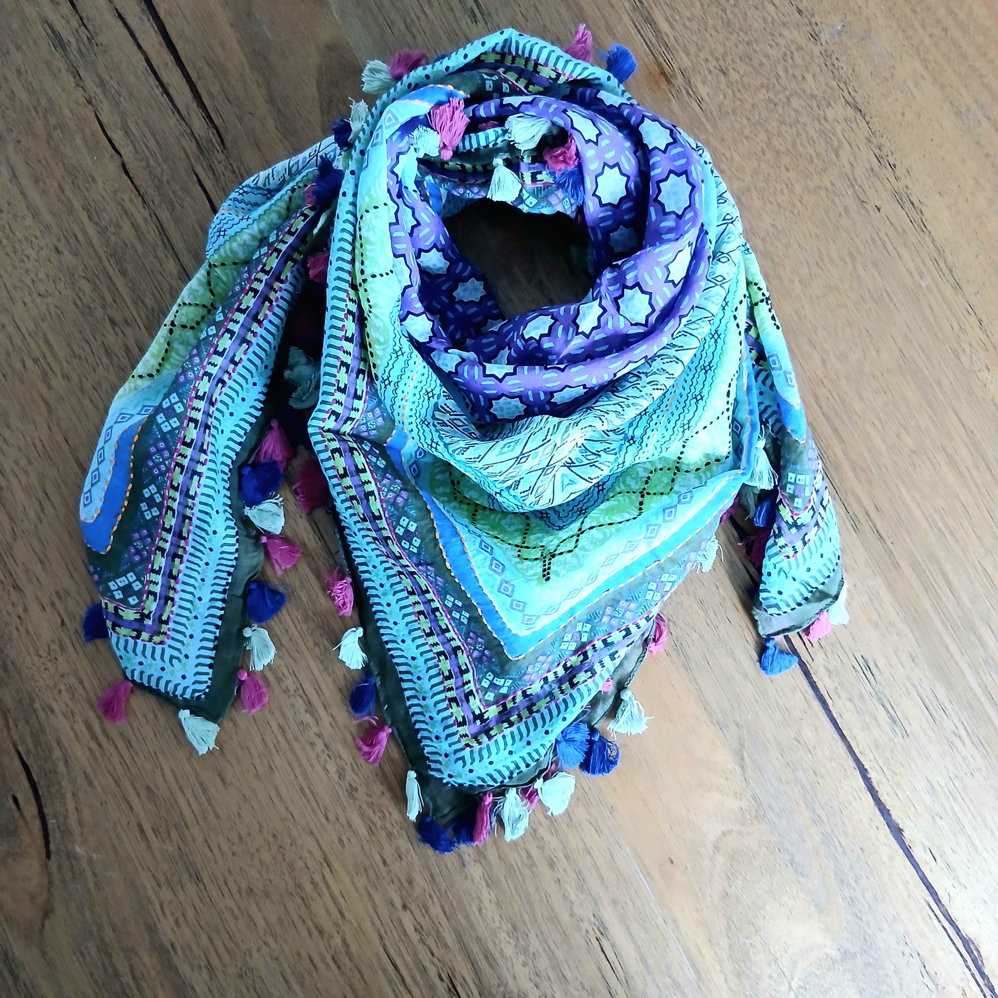 Cotton Square Embroidered Scarf with Pompom 46209