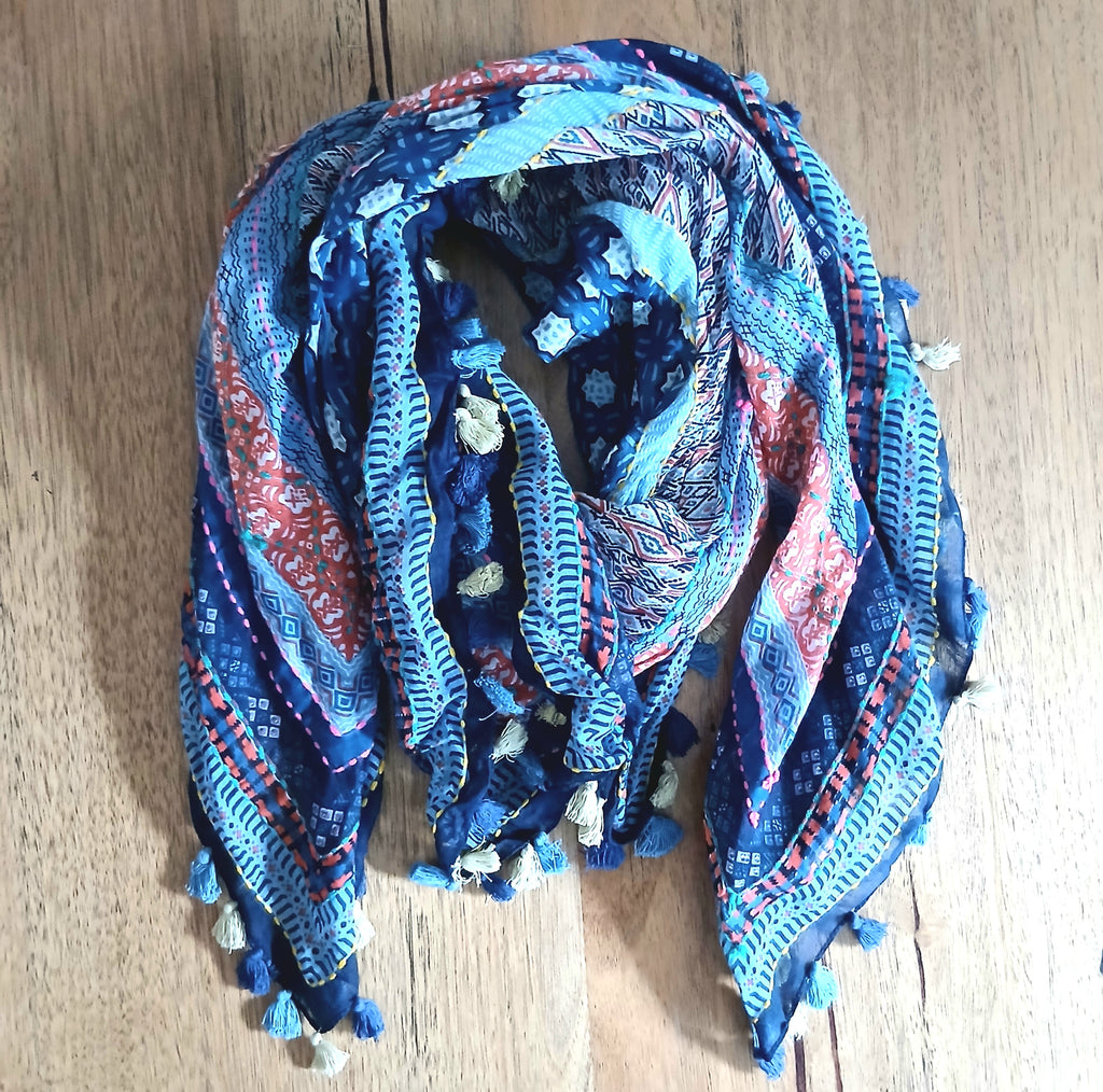 Cotton Square Embroidered Scarf with Pompom 46209