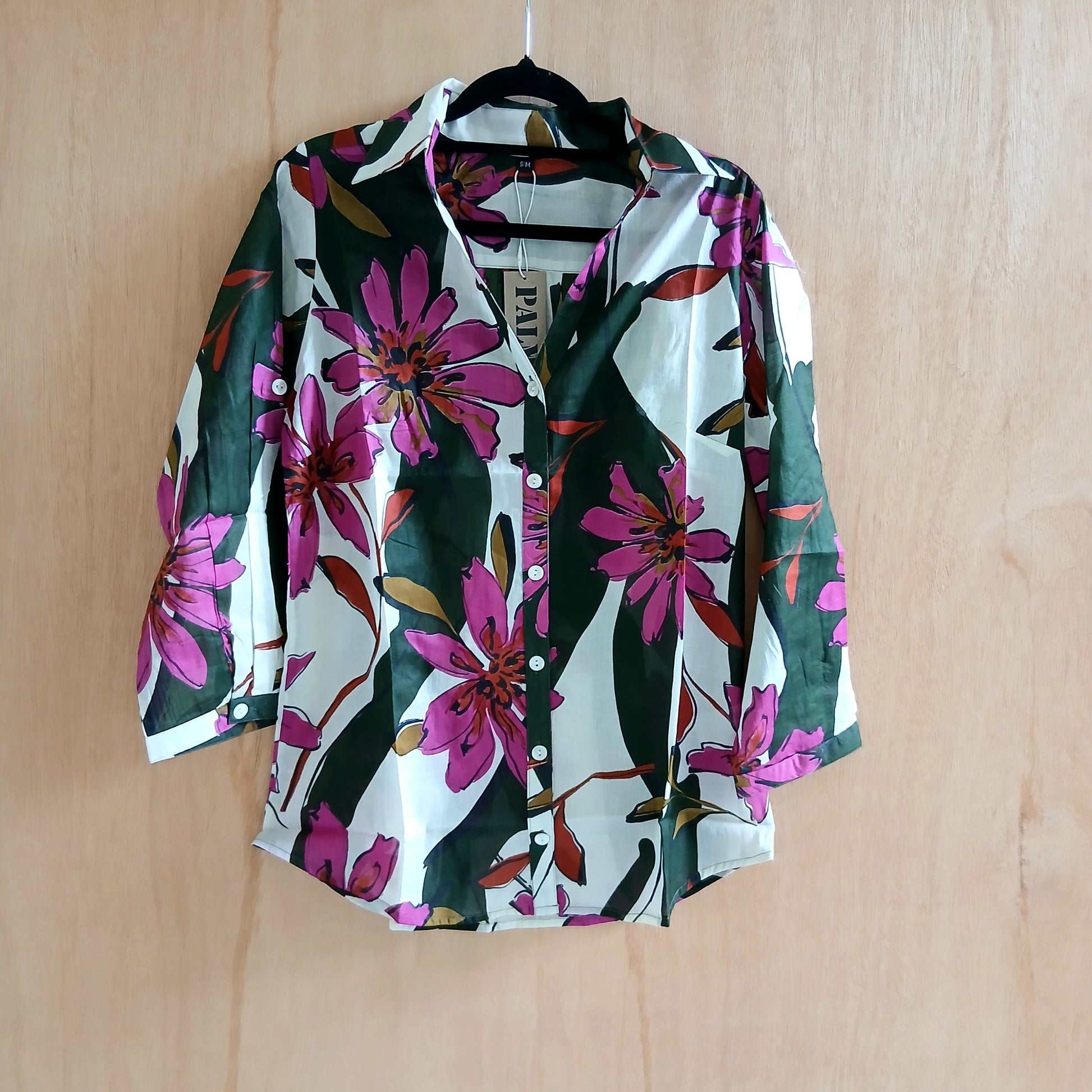 Palme V Neck+3/4 Sleeves Cotton Shirt - Vert Fonce 65943