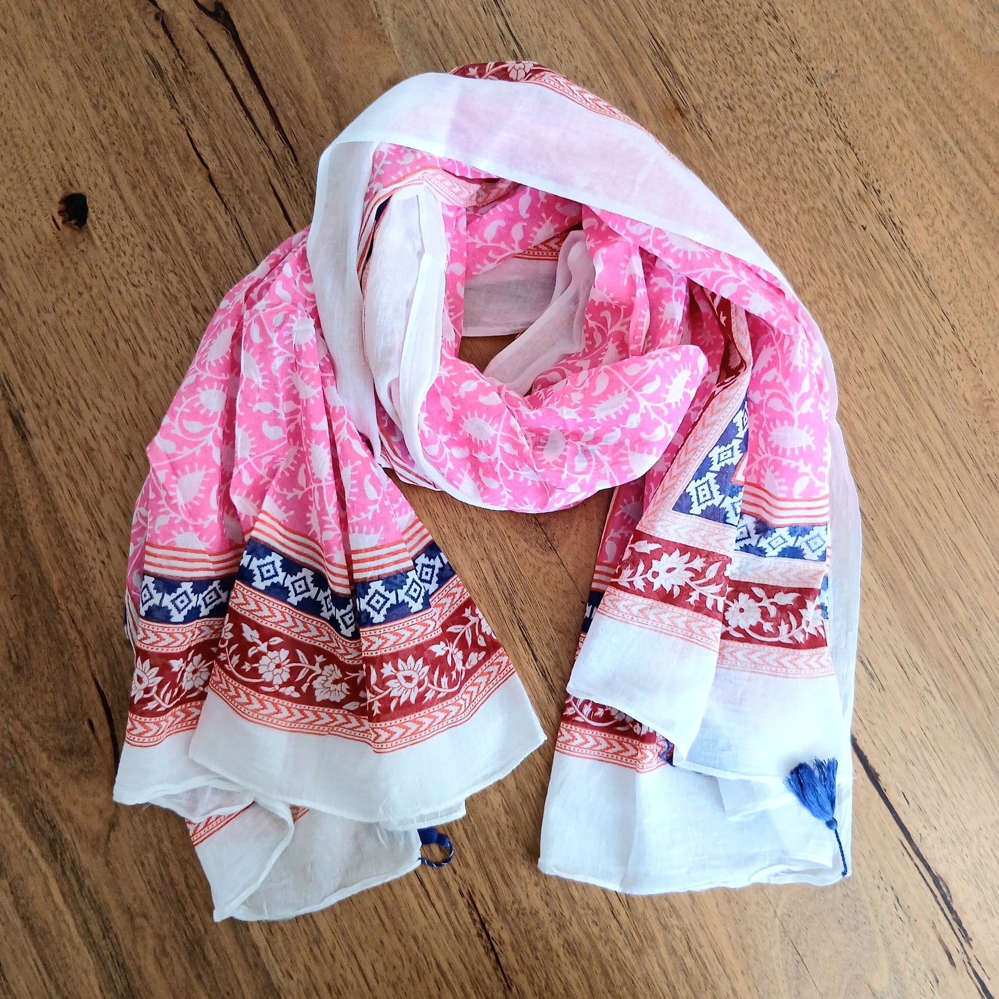 Indian Flowers Cotton scarf with Tassels - 64806