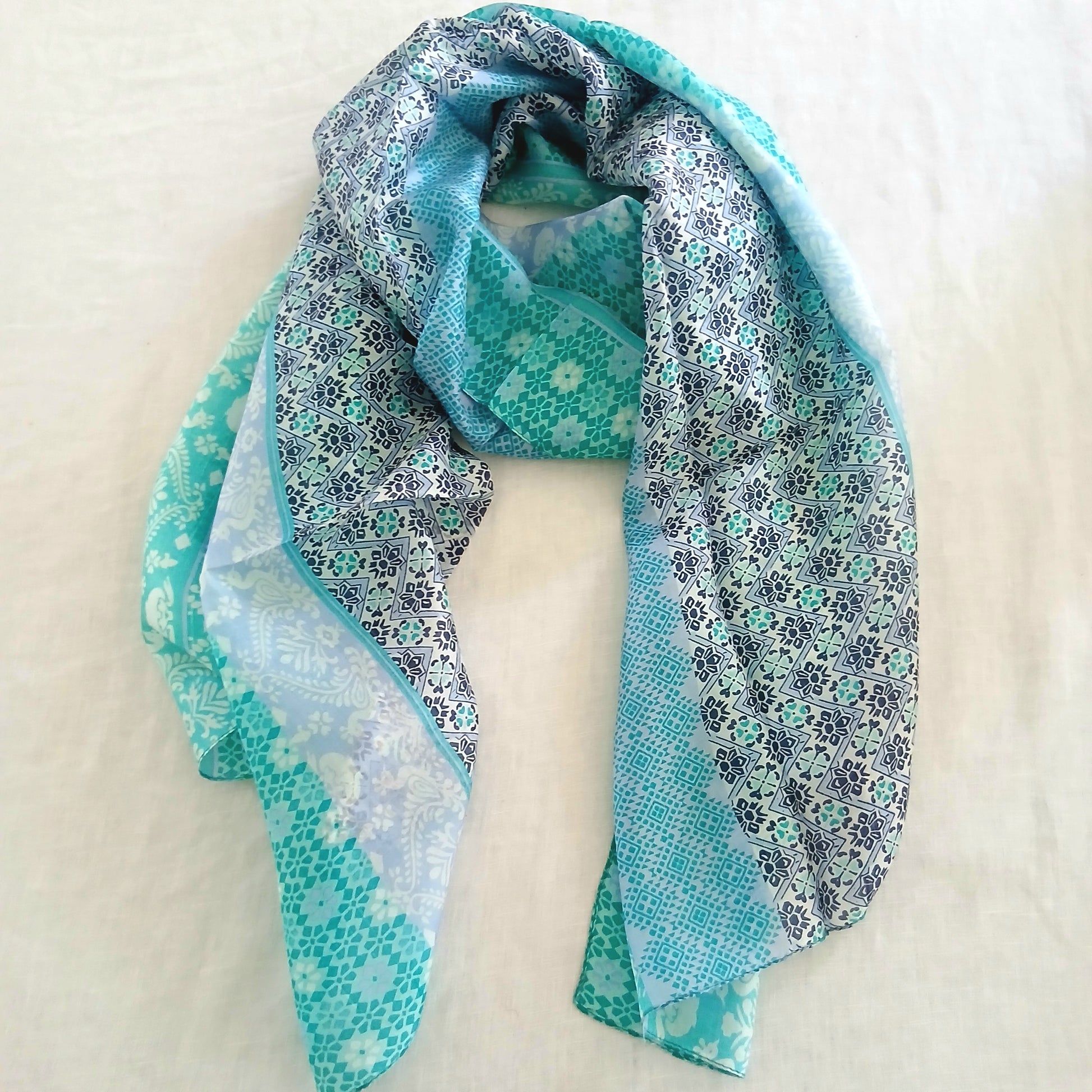 Turquoise Patterned Silk Scarf WS-1066