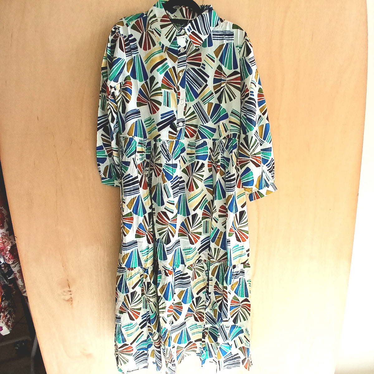 Mid Length 2 Layer Cotton Collared Dress 67150 Blue / Green