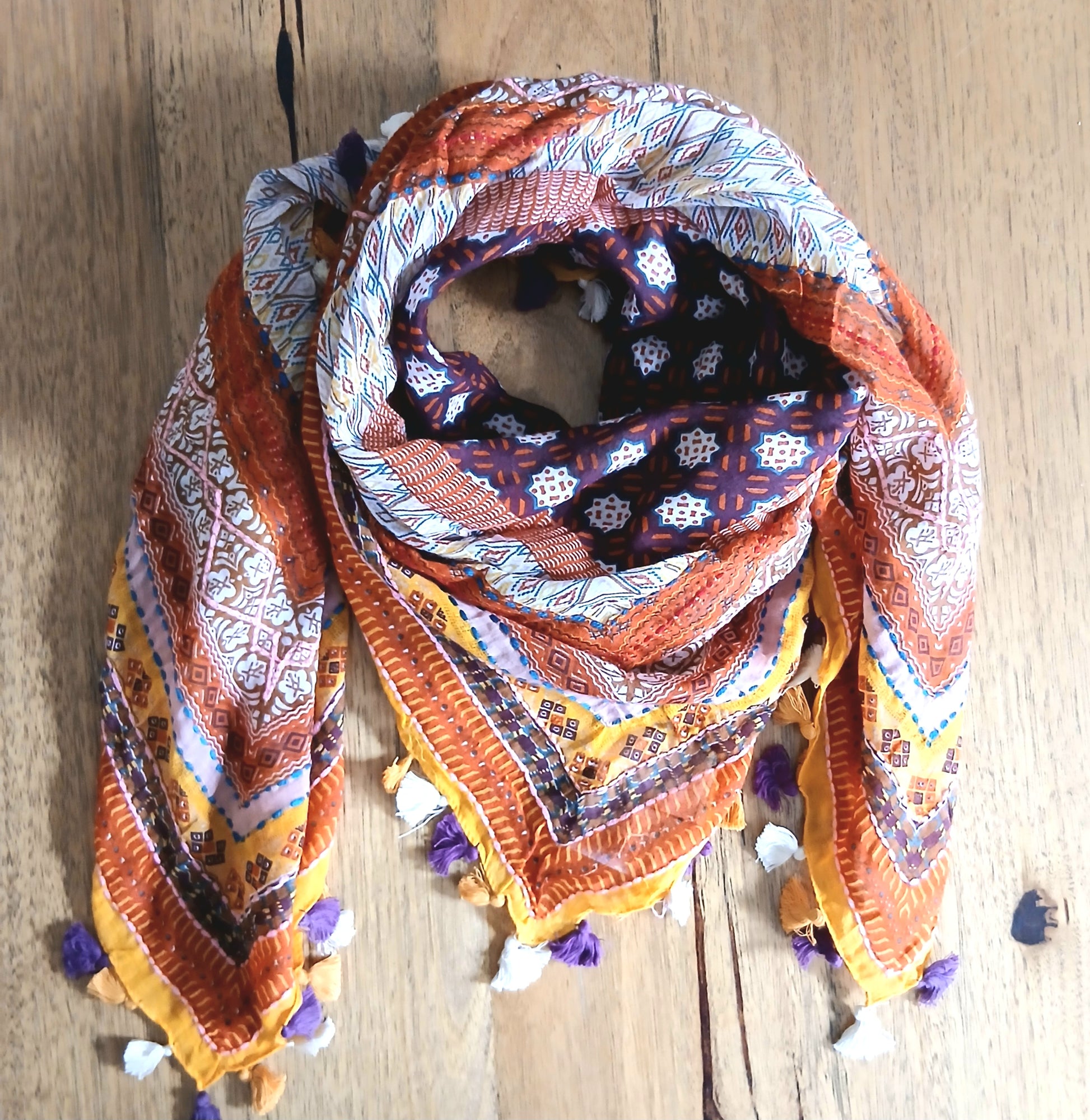 PRE-ORDER Cotton Square Embroidered Scarf with Pompom 46209