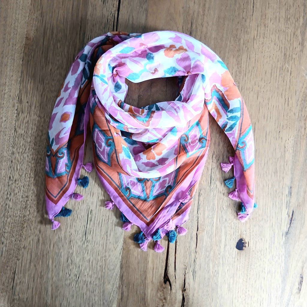 Flowery Cotton Scarf with Tassels 66019