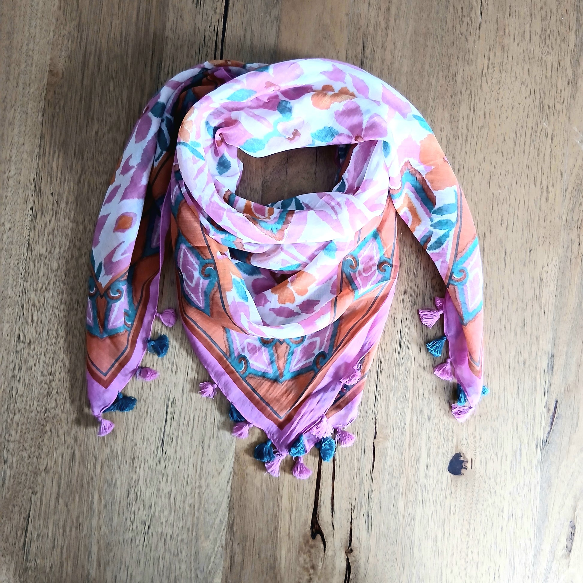 Flowery Cotton Scarf with Tassels 66019