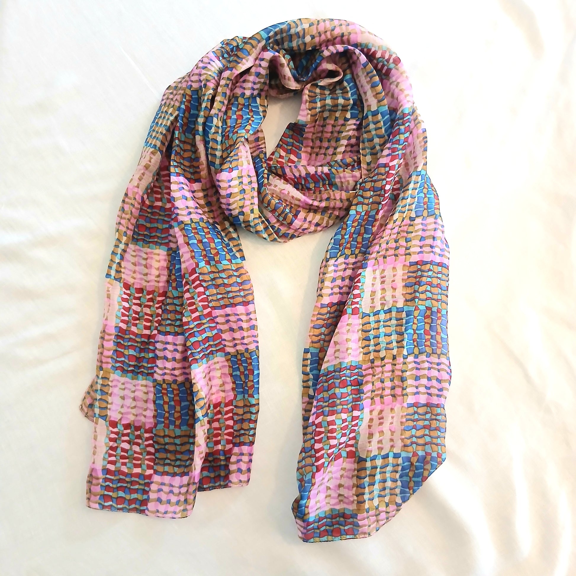 PRE-ORDER Pure Silk Scarf Lines and Squares Design Large TS-1146