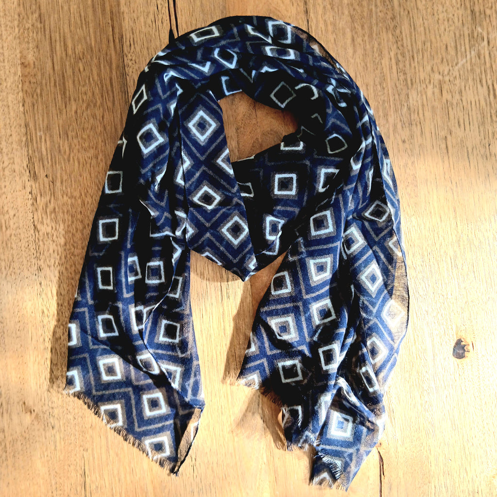 Merino Wool Patterned Scarf - Blue Squares YASH-924