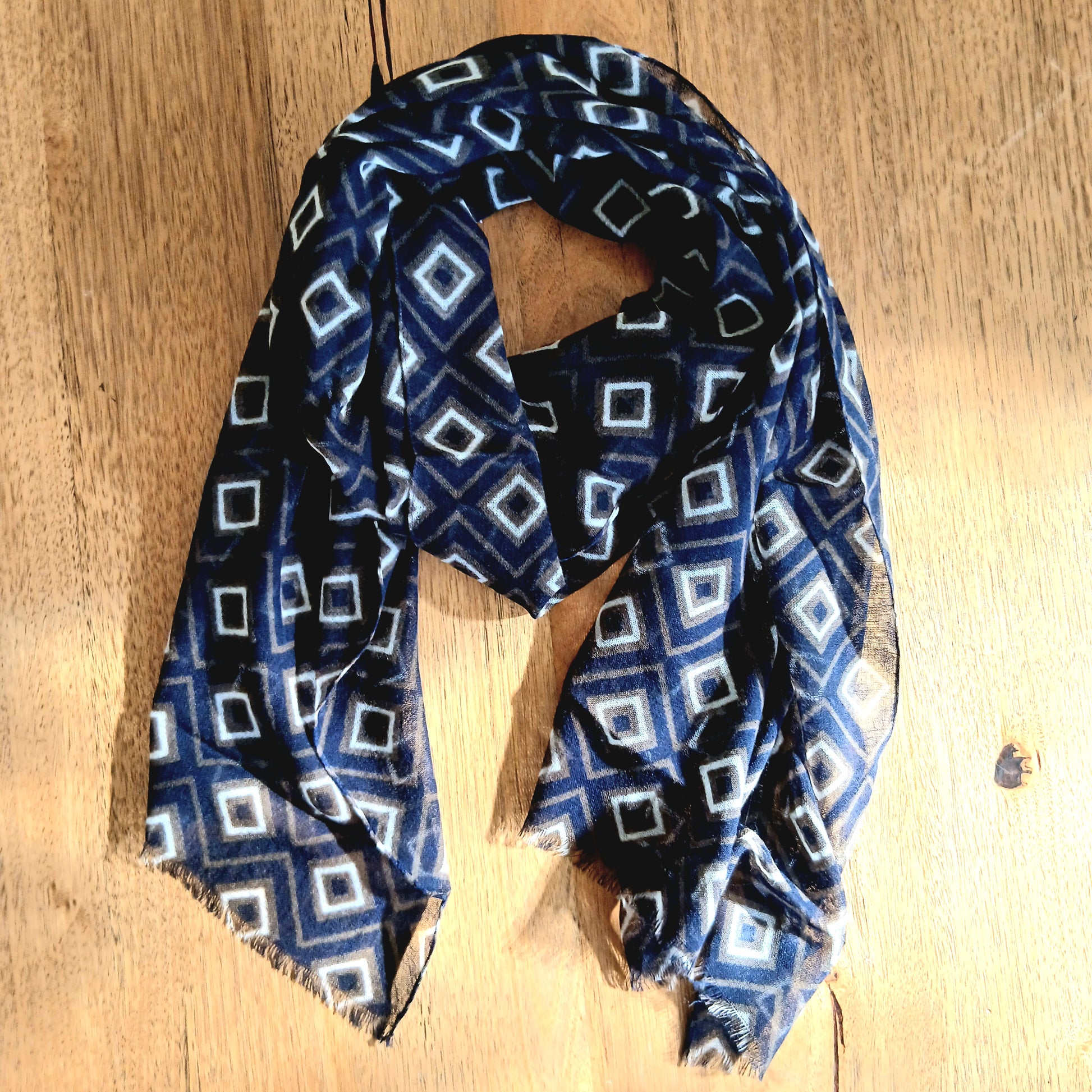 Merino Wool Patterned Scarf - Blue Squares YASH-924
