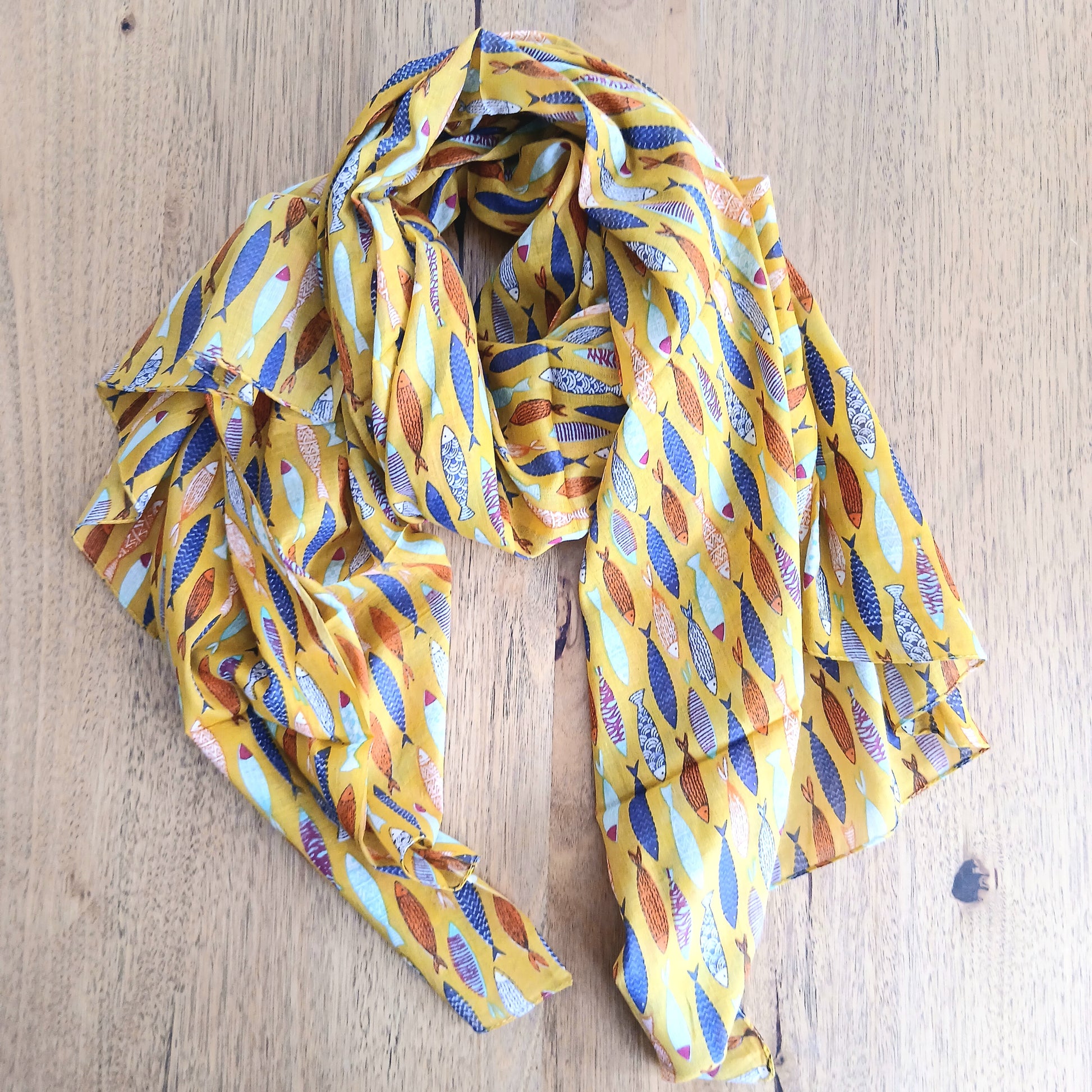 Sardine Decorated Cotton Scarf - Mustard 63870