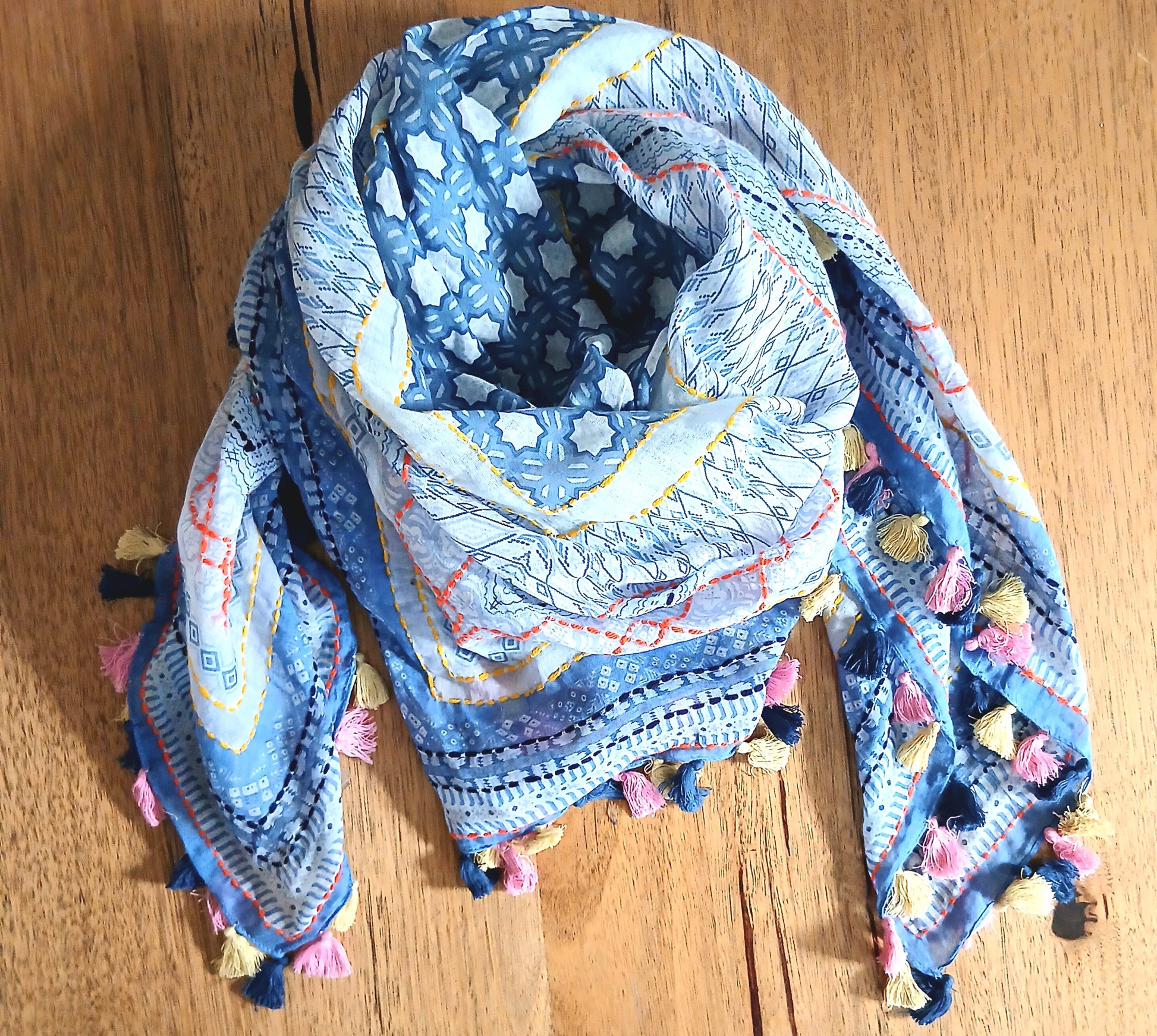 PRE-ORDER Cotton Square Embroidered Scarf with Pompom 46209
