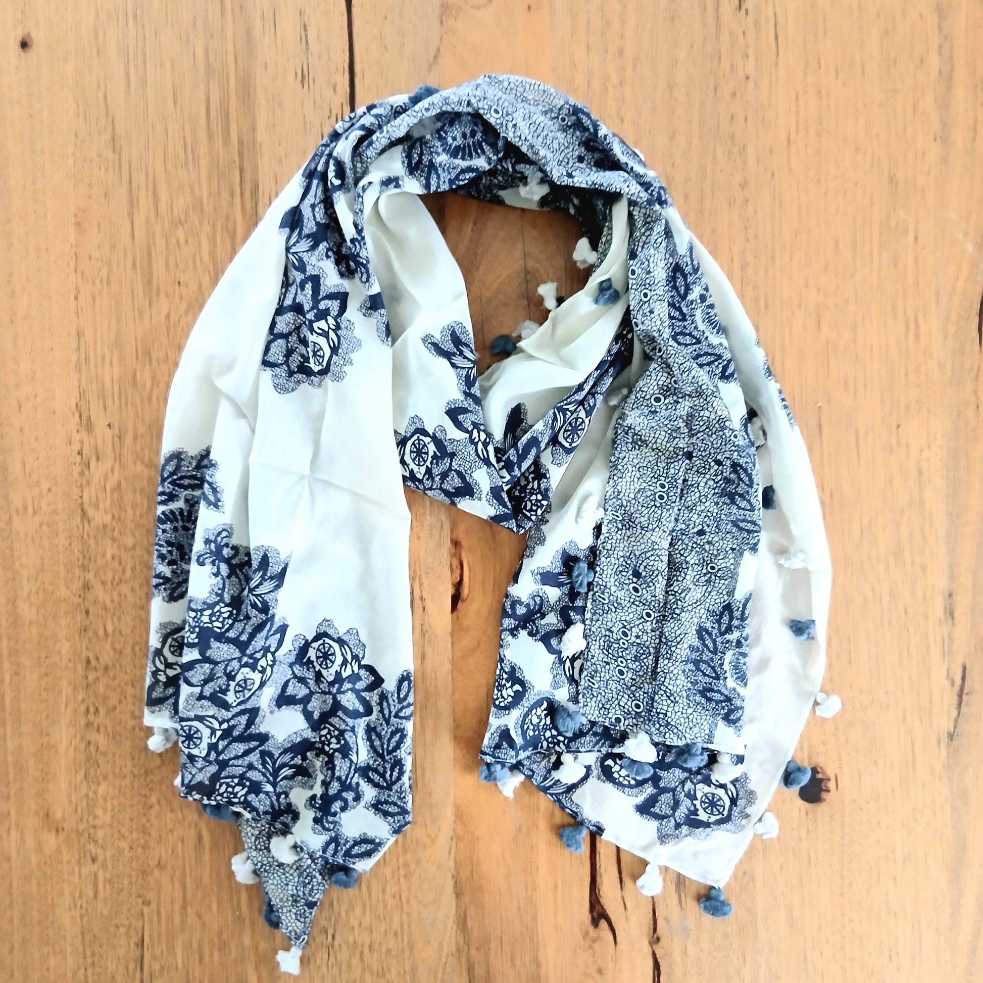 White and Blue Flower Patterned Cotton Scarf with Pom Poms Yash-506