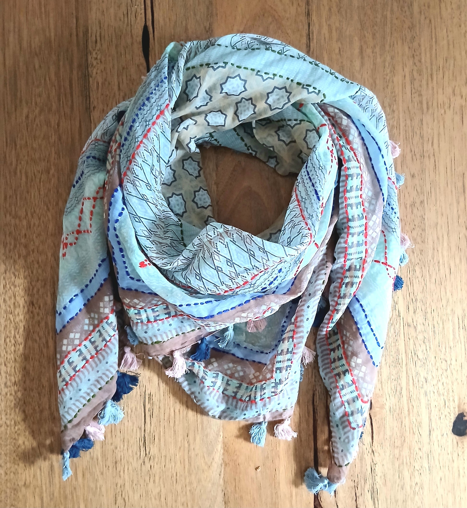 PRE-ORDER Cotton Square Embroidered Scarf with Pompom 46209