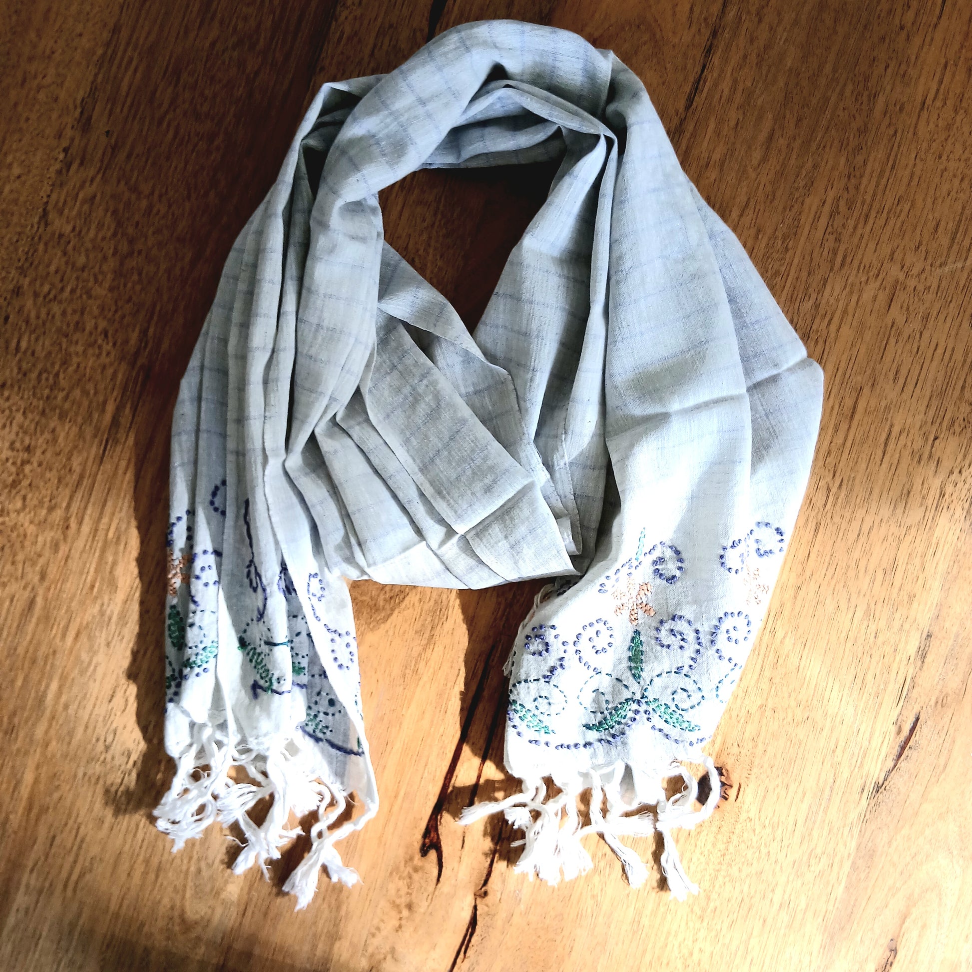 Embroidered Cotton Linen Scarf with Tassels - Flower/Stripe Print 32201