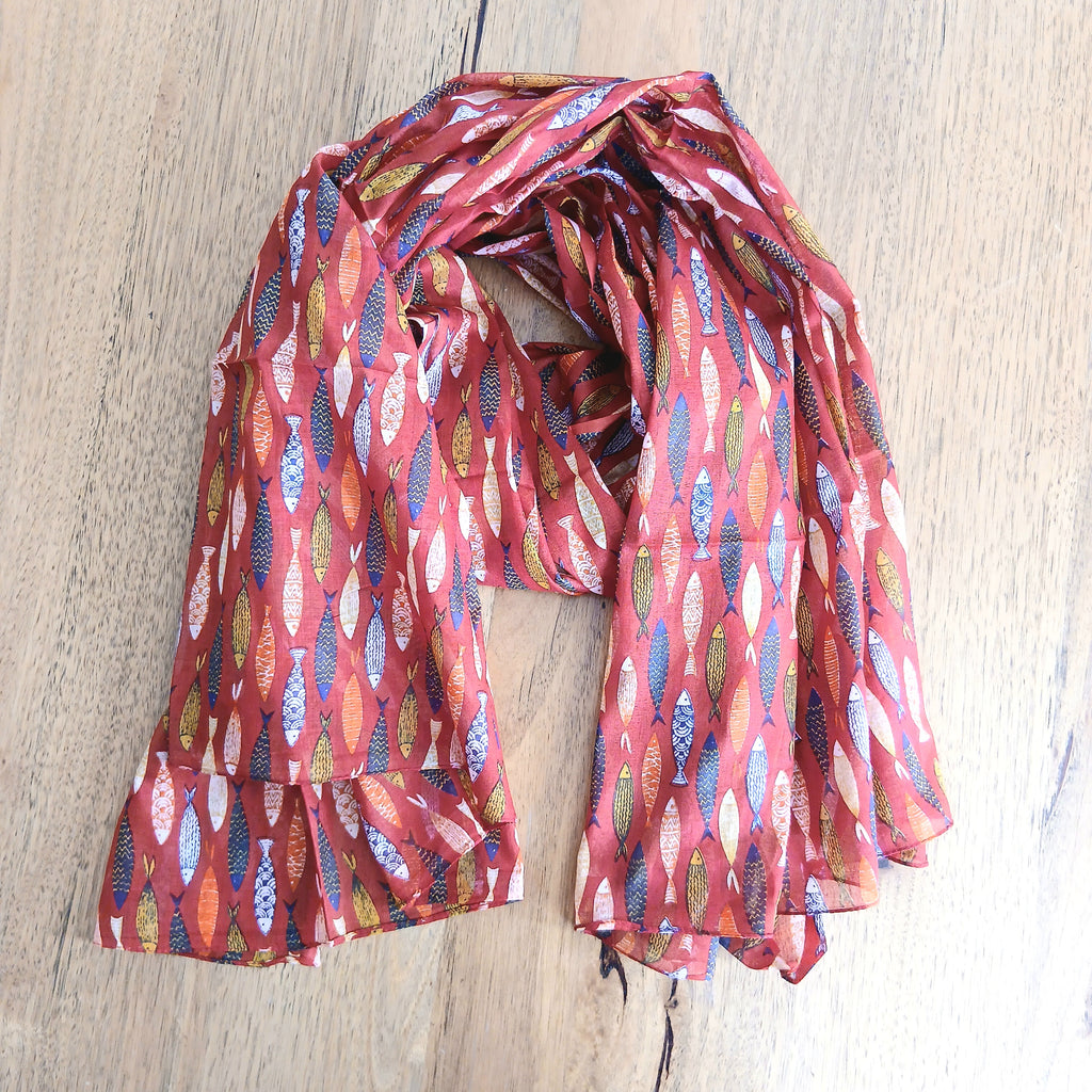 Sardine Decorated Cotton Scarf - Red 63870
