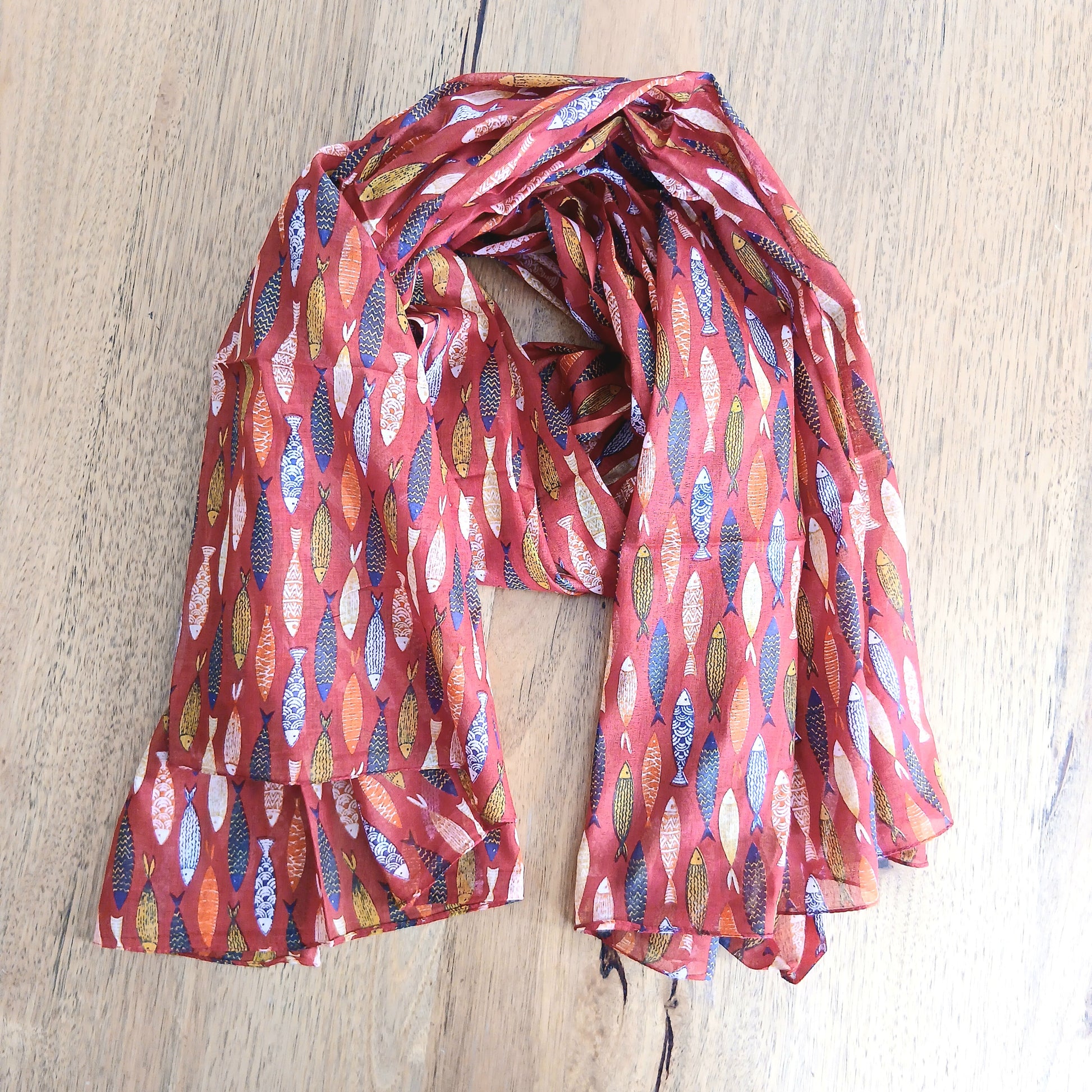Sardine Decorated Cotton Scarf - Red 63870