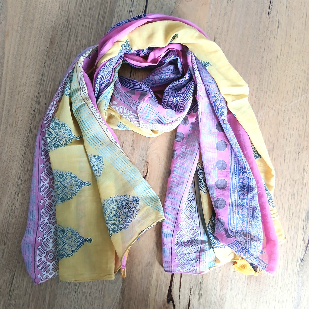 Block Print Cotton Scarf with Tassels - 64808