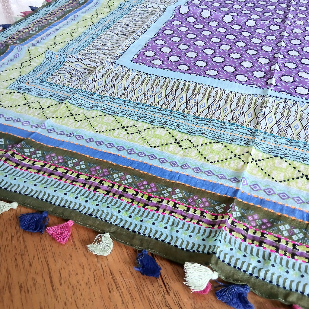 Cotton Square Embroidered Scarf with Pompom 46209