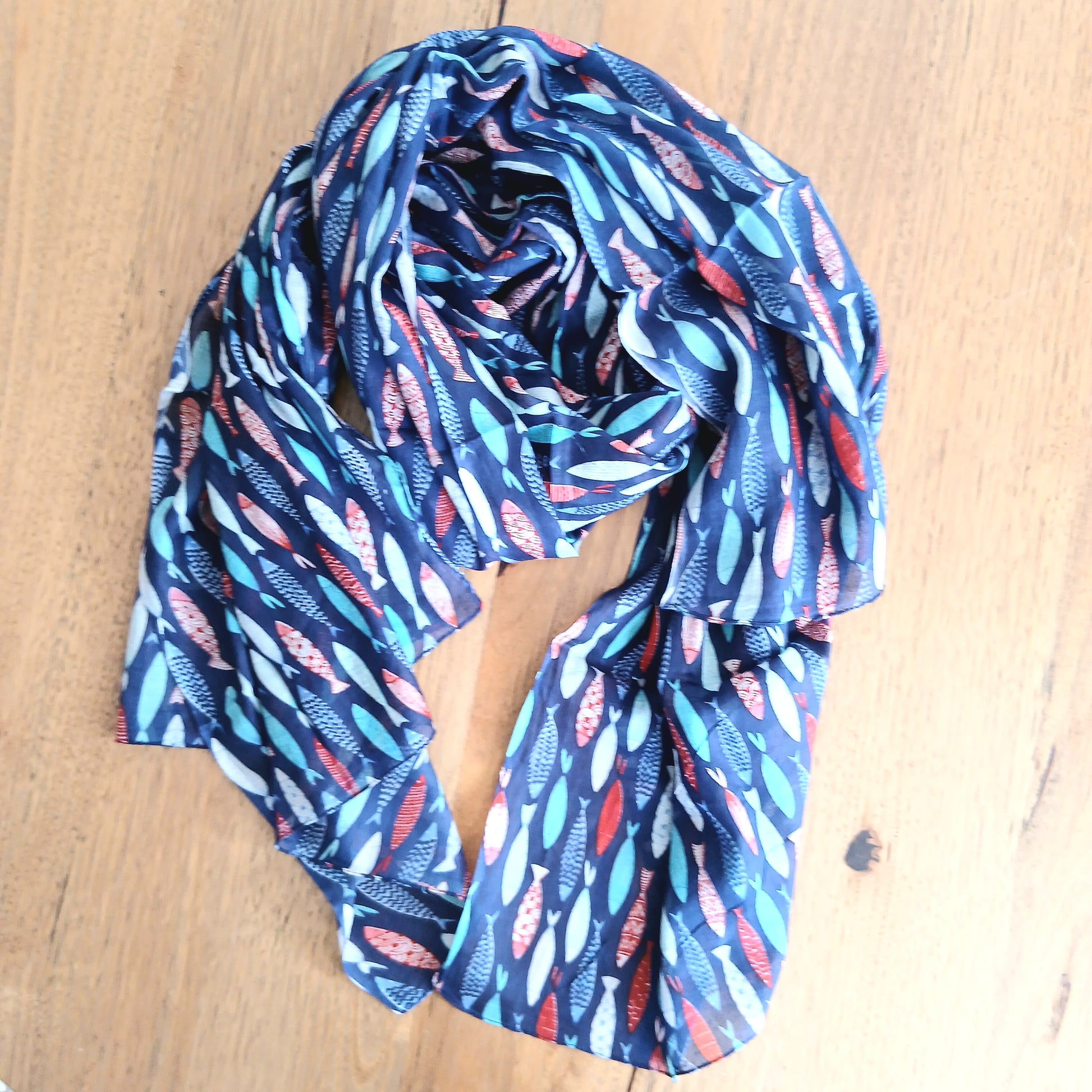Sardine Decorated Cotton Scarf Navy 63870