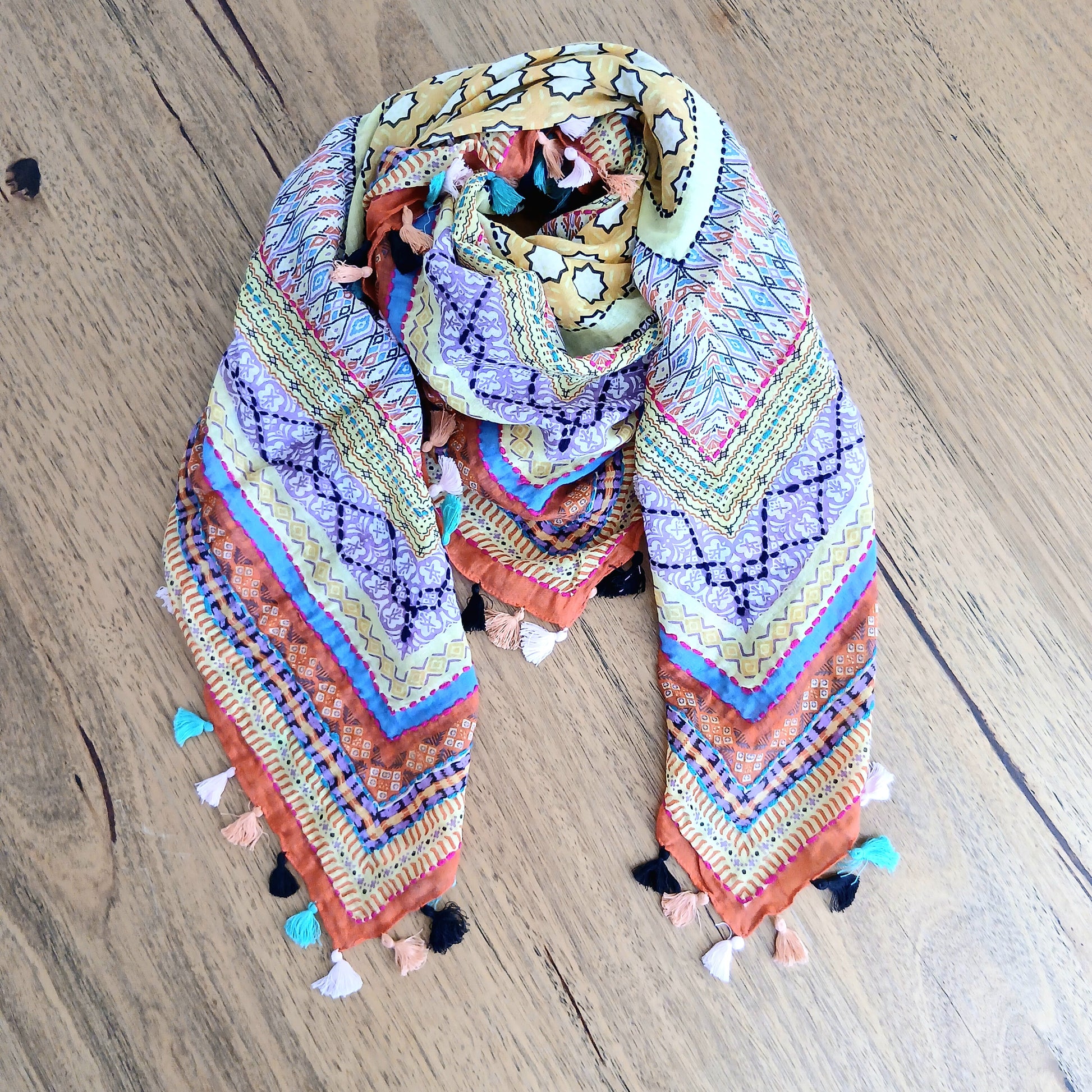 Cotton Square Embroidered Scarf with Pompom 46209