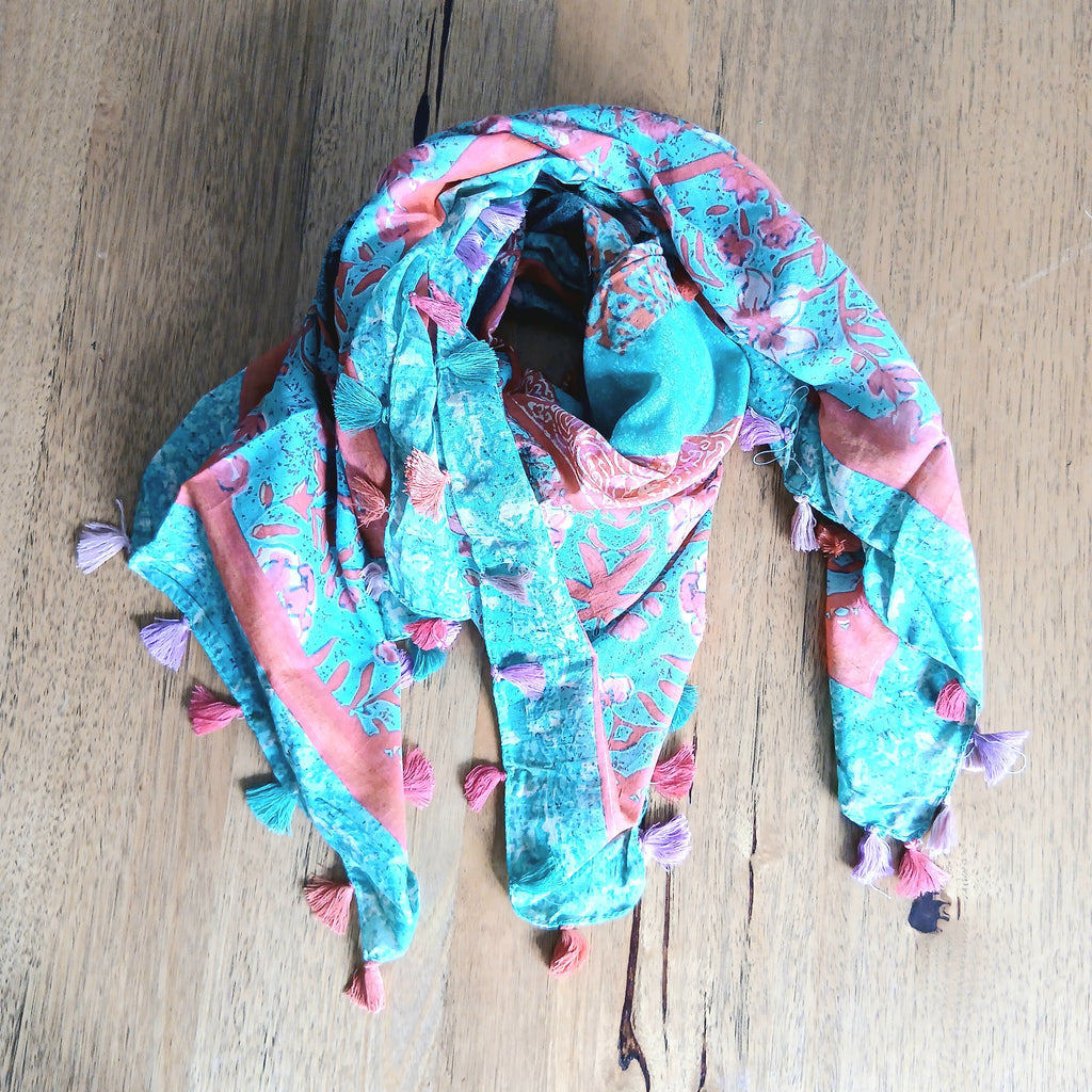 Square Cotton Scarf with Pom Poms Turquoise and Pink 55894