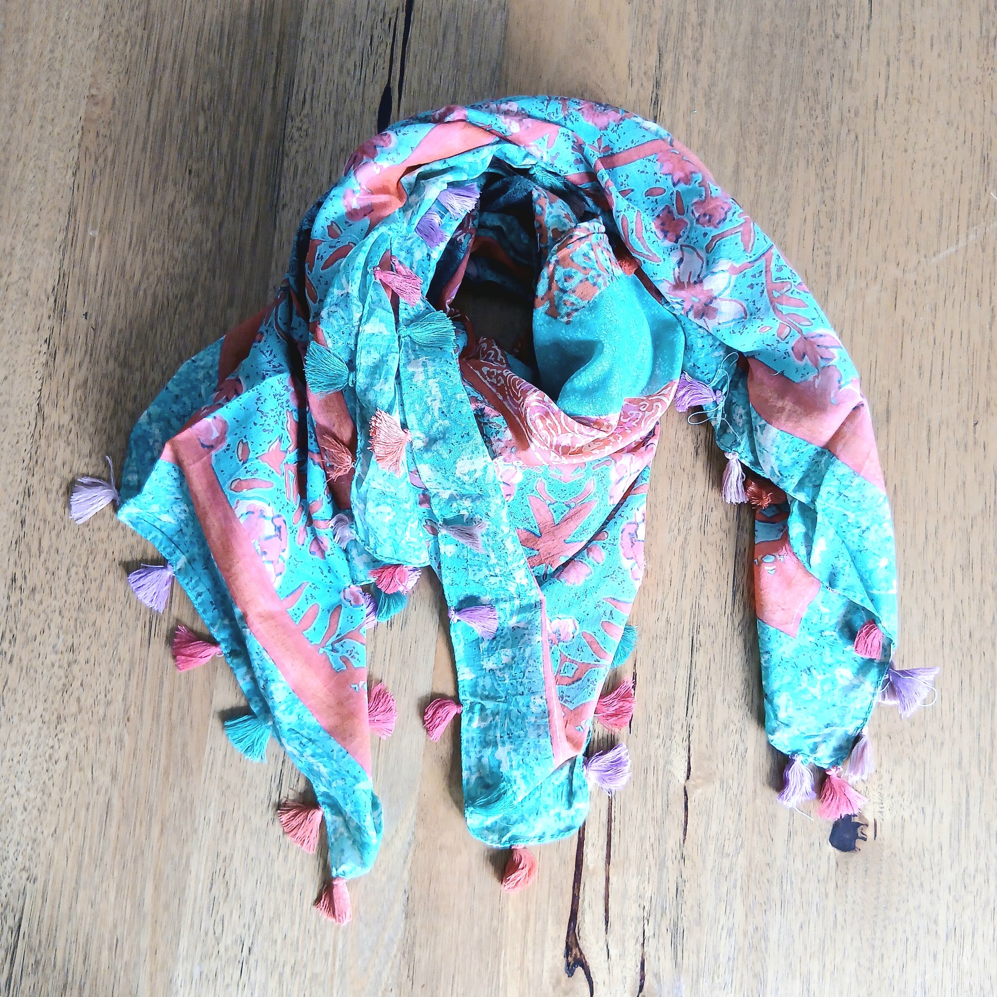 Square Cotton Scarf with Pom Poms Turquoise and Pink 55894