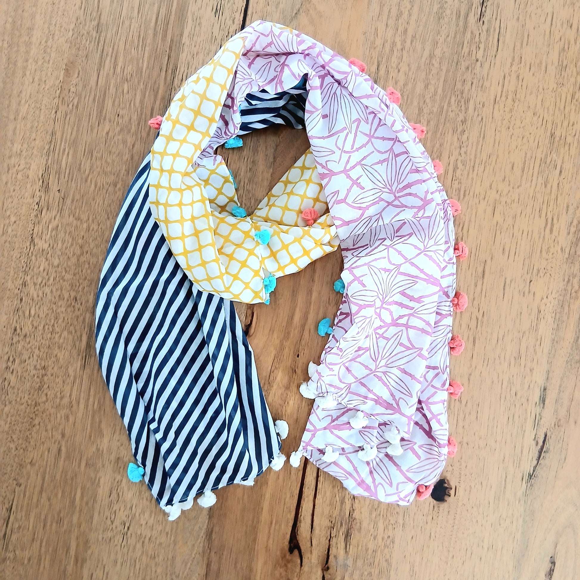 Multi Patterned Cotton Scarf with Pom-Poms Yash-303