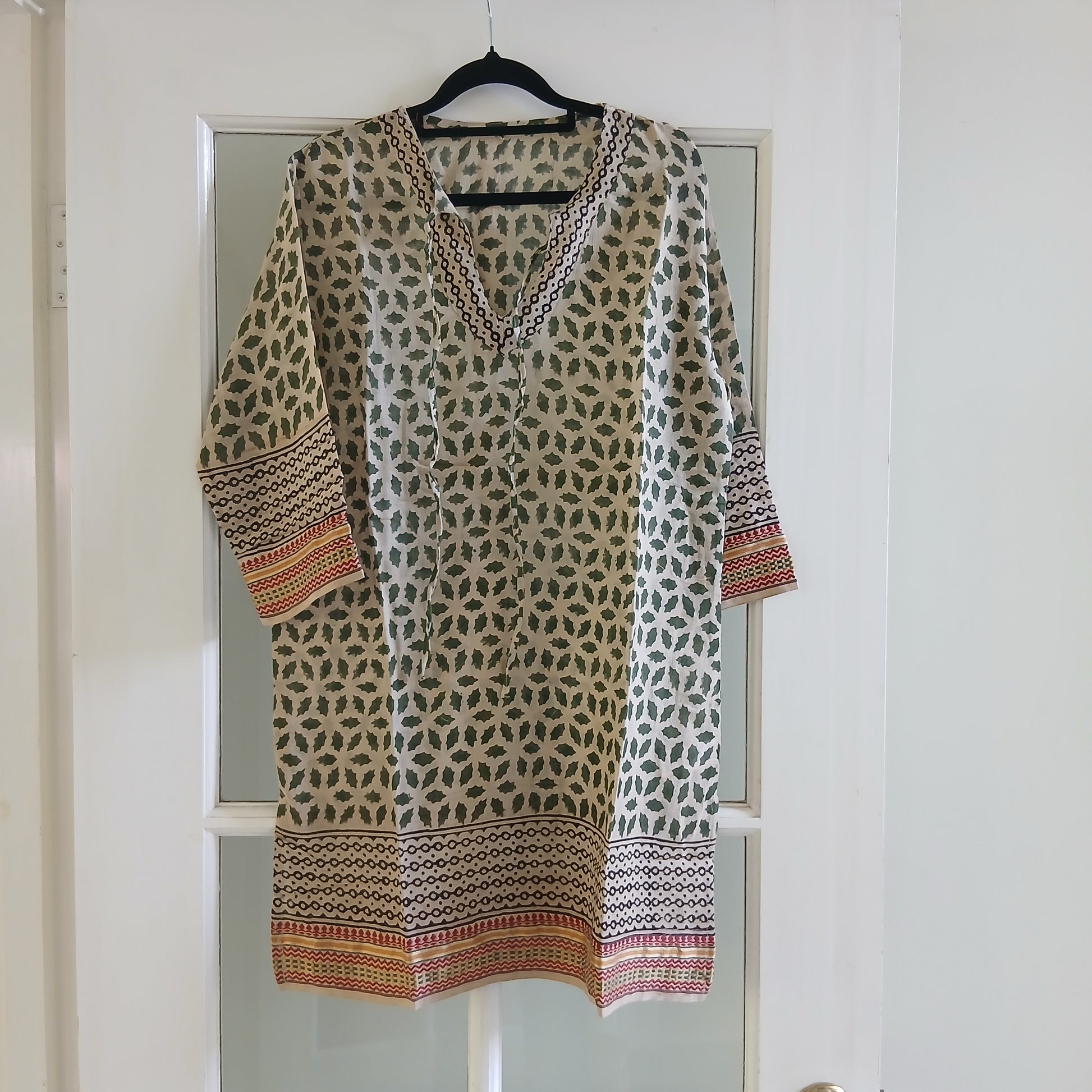 Hand Block Printed Cotton Kurta - Vert Fonce 63530