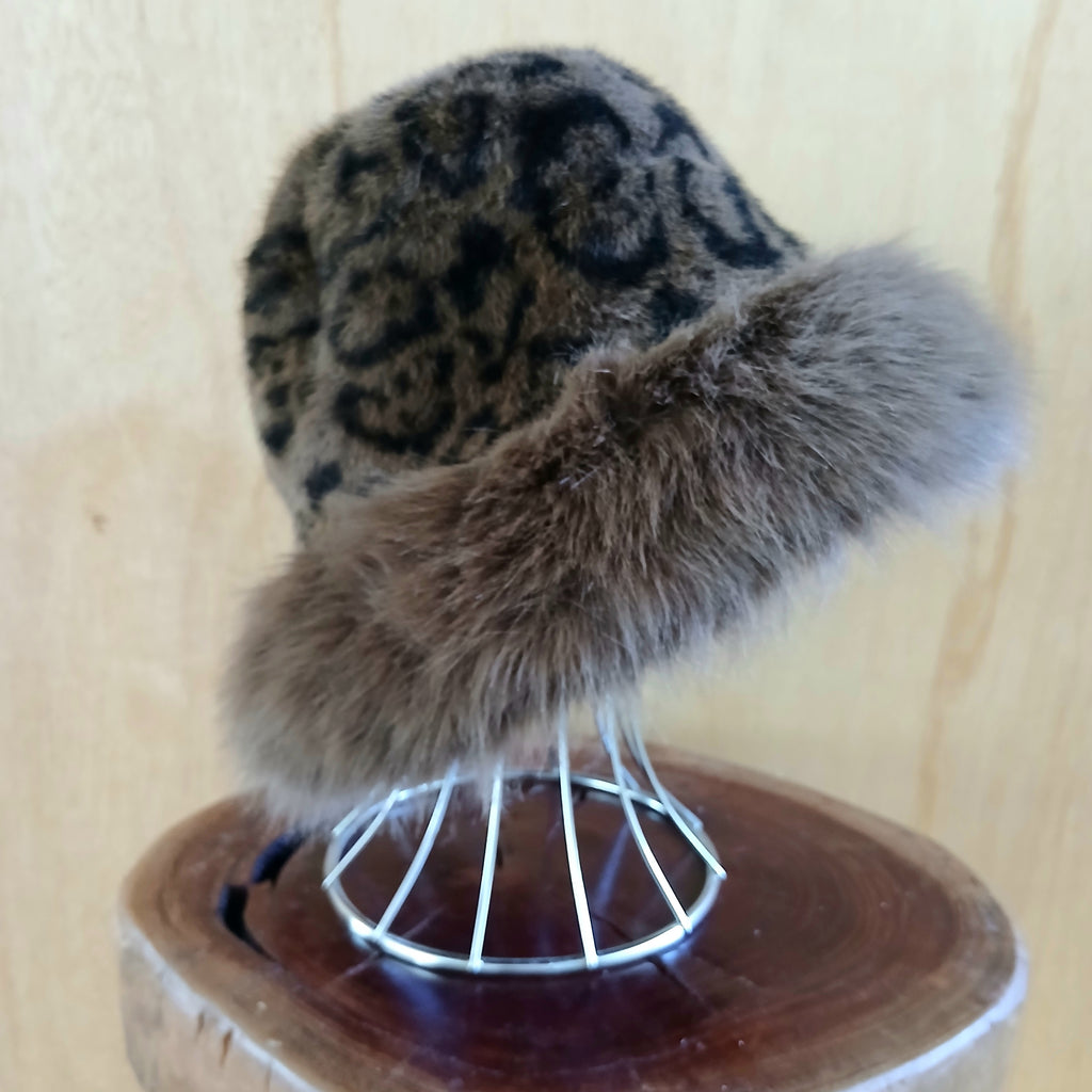 Faux Fur Leopard Bucket Hat with Fur Edge 7527