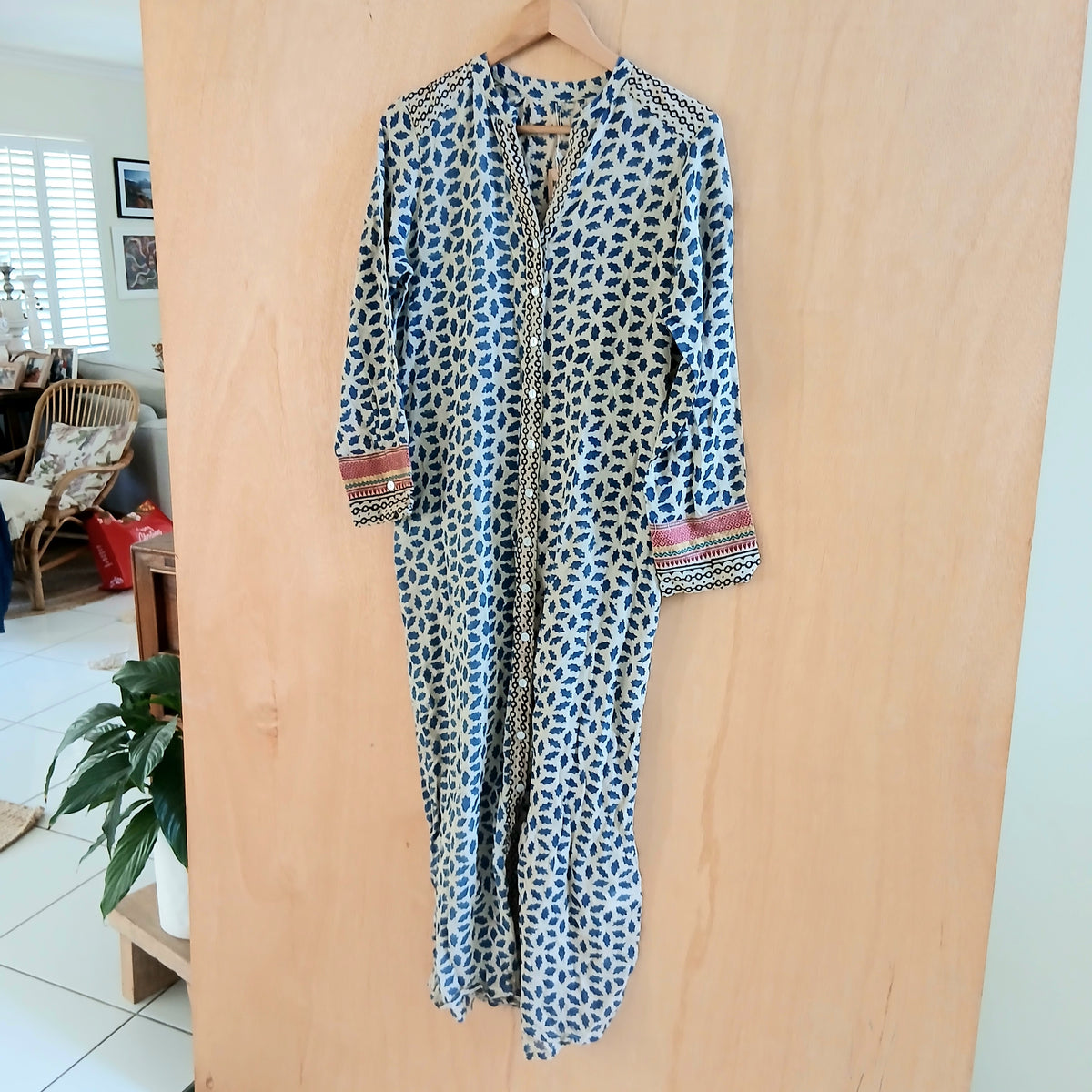 Long Block Print Cotton Kurta - 64740 Blue Sample