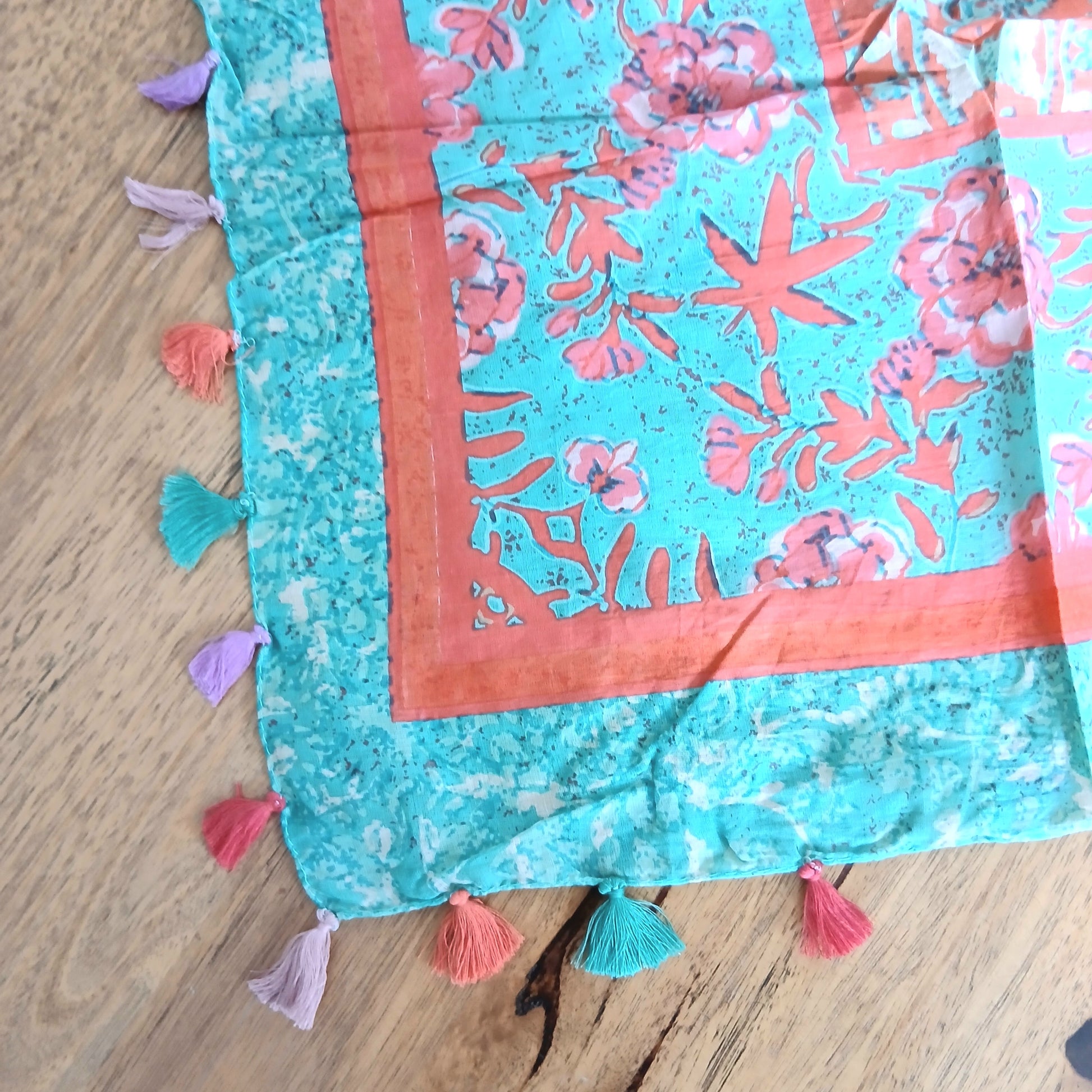 Square Cotton Scarf with Pom Poms Turquoise and Pink 55894