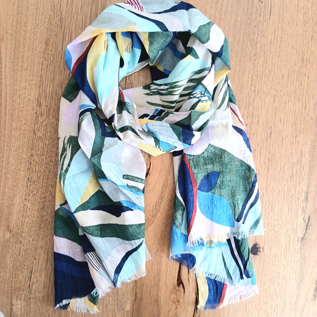 Palme Leaves and Lines Cotton Scarf - 66012