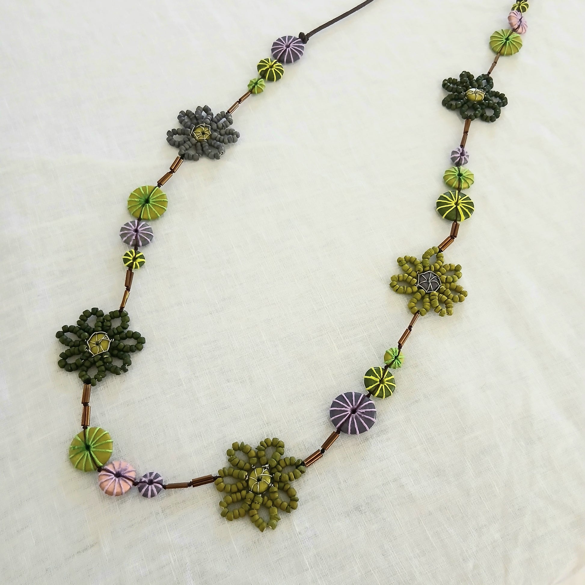 PRE-ORDER Embroidered Floral and Wooden Beaded Necklace N7-1575