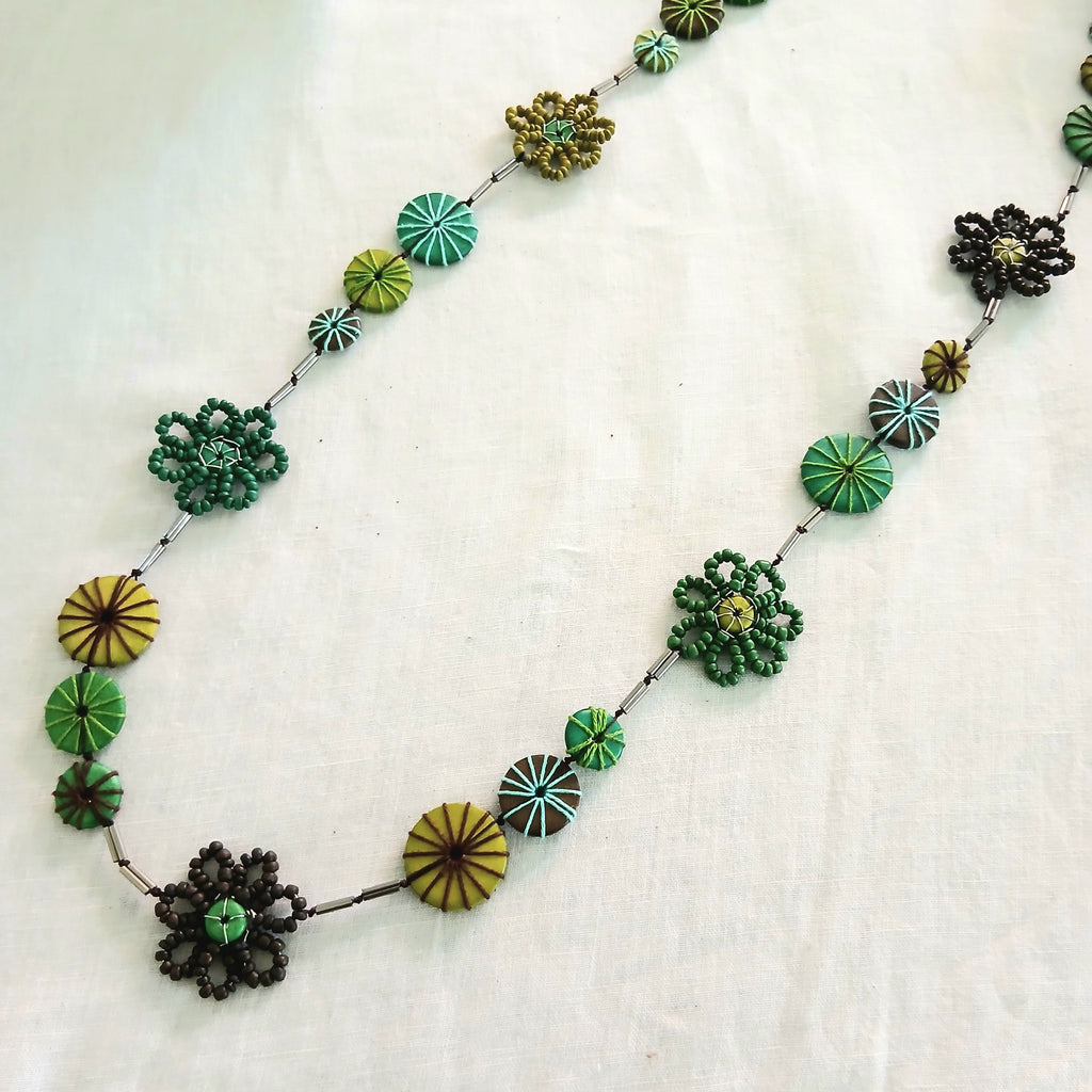 Floral and Embroidered Wooden Beaded Necklace N6-50
