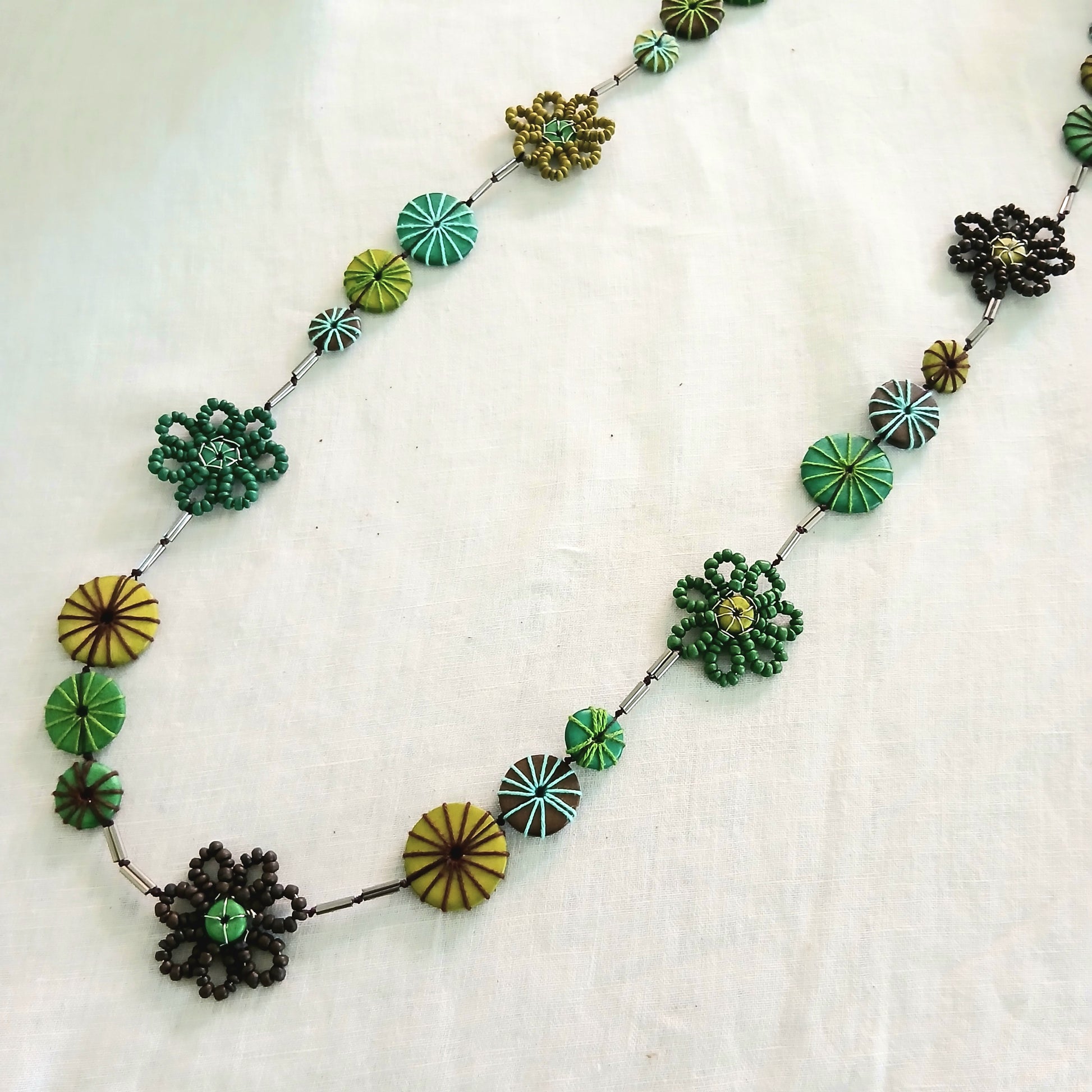 Floral and Embroidered Wooden Beaded Necklace N6-50